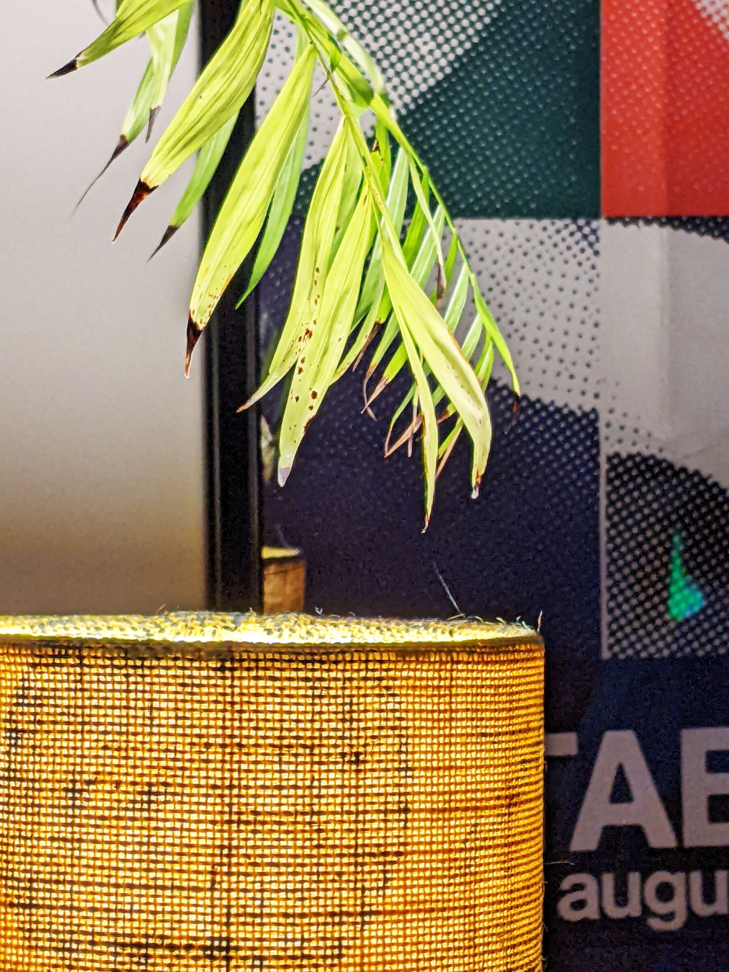 close-up detail of illuminated yellow jute texture on geometric modern lampshade
