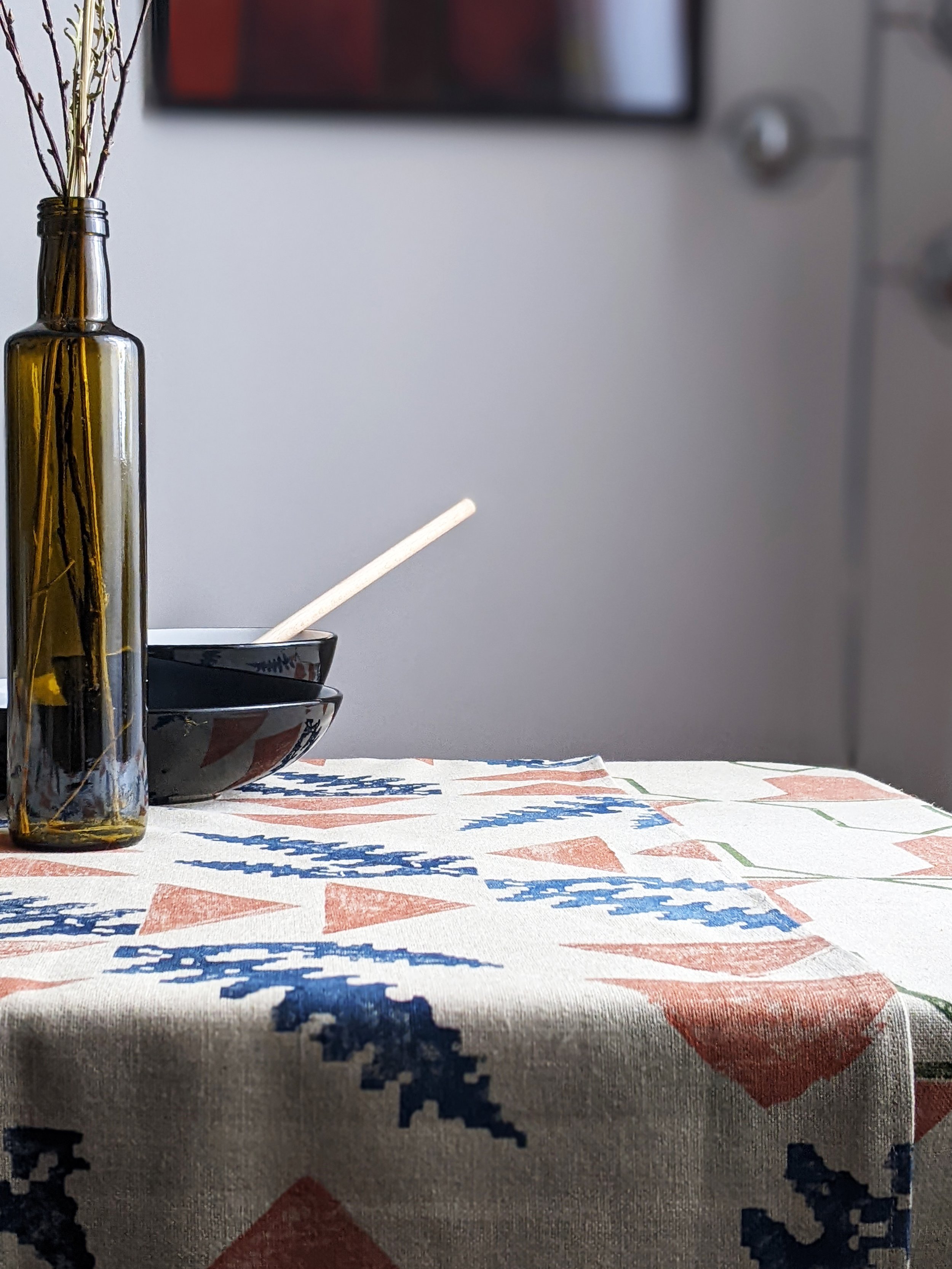 rustic table set with natural linen runner with hand block printed botanical pattern