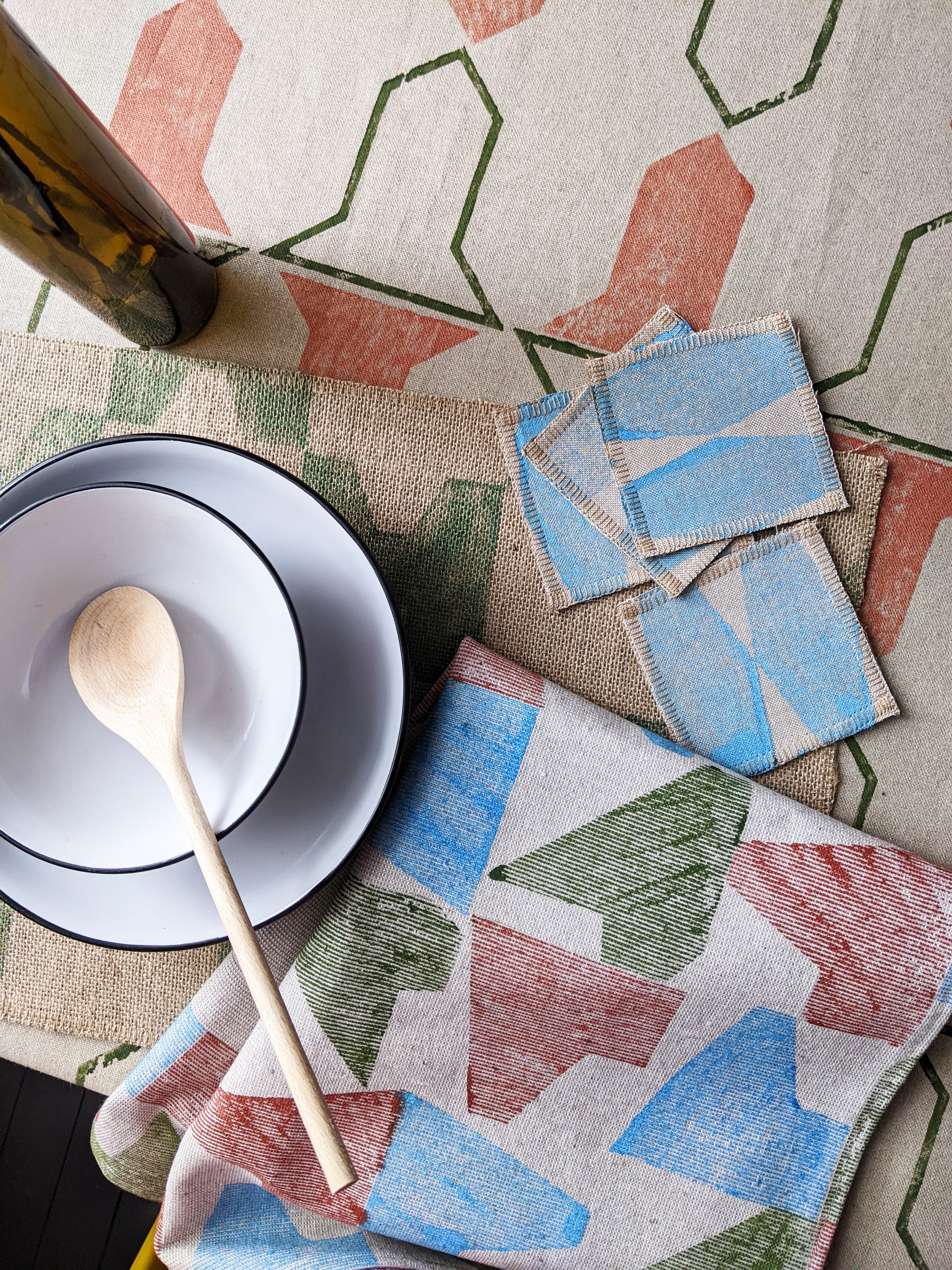 modern rustic geometric table decor with block printed textiles
