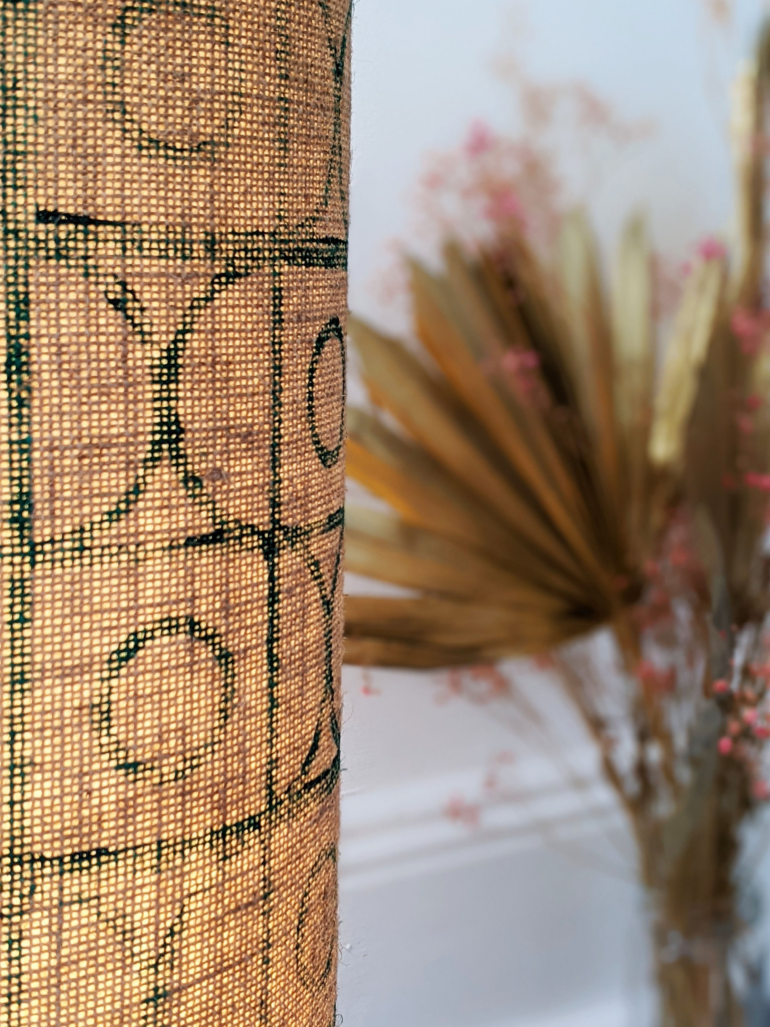 details of tile-inspired geometric vintage pattern on hessian lamp