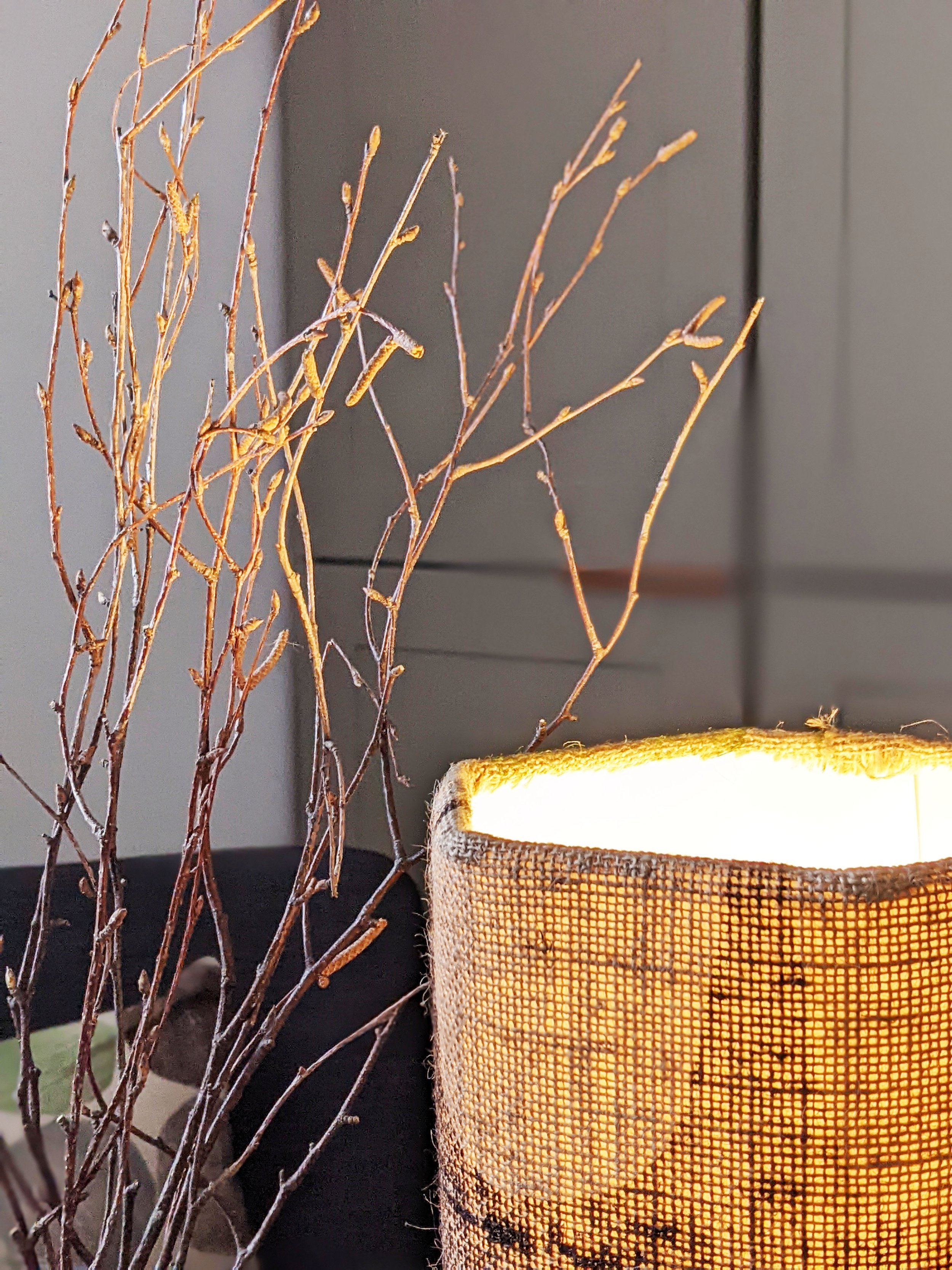 hexagonal lampshade in 1960s inspired geometric print with light on
