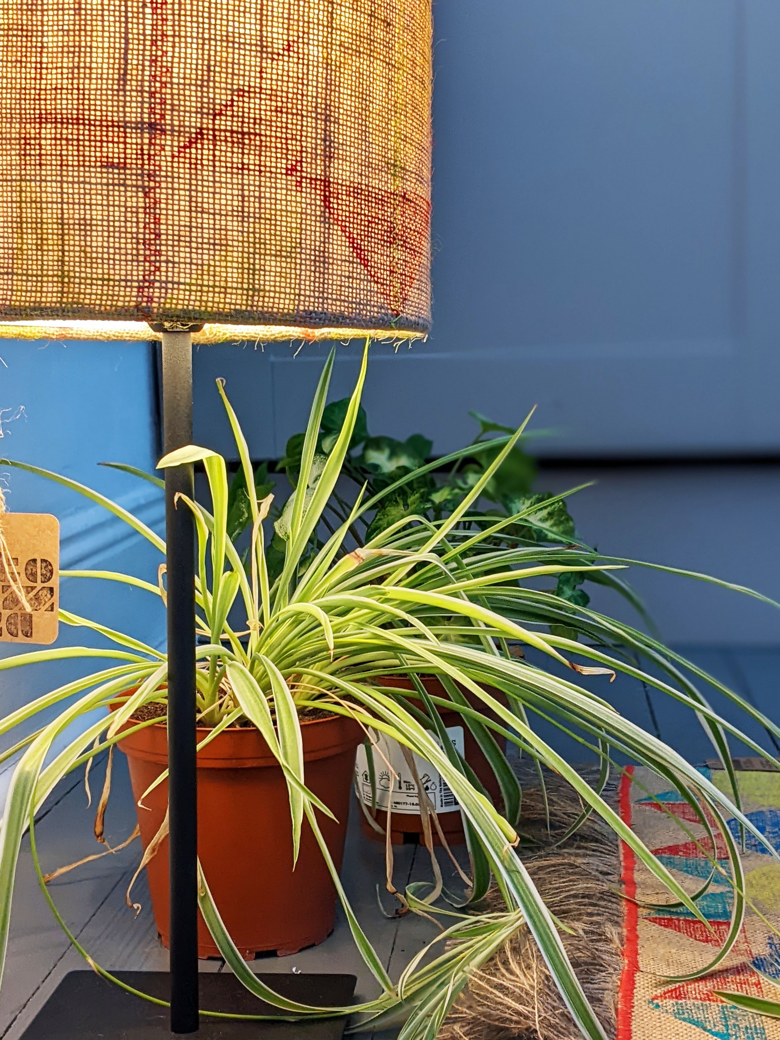 contemporary interior with printed lampshade lit up