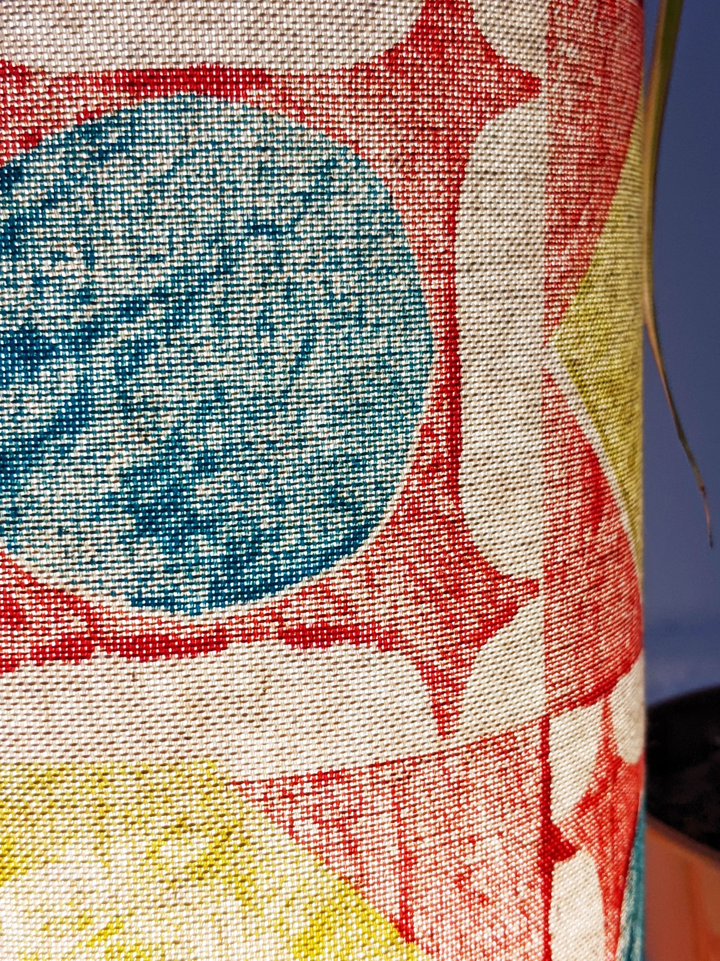 close-up detail of hand block printed geometric pattern on floor lamp