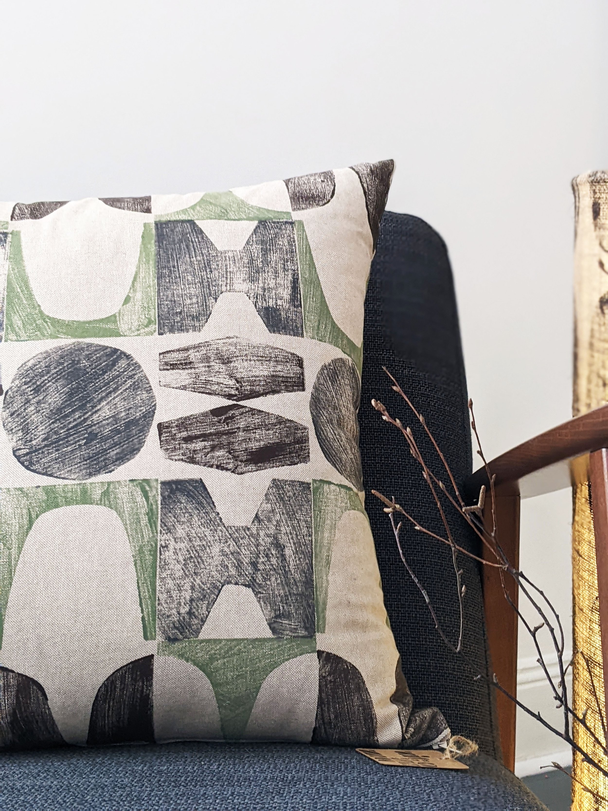 brutalism-inspired mid-century modern pattern on abstract geometric cushion hand block printed