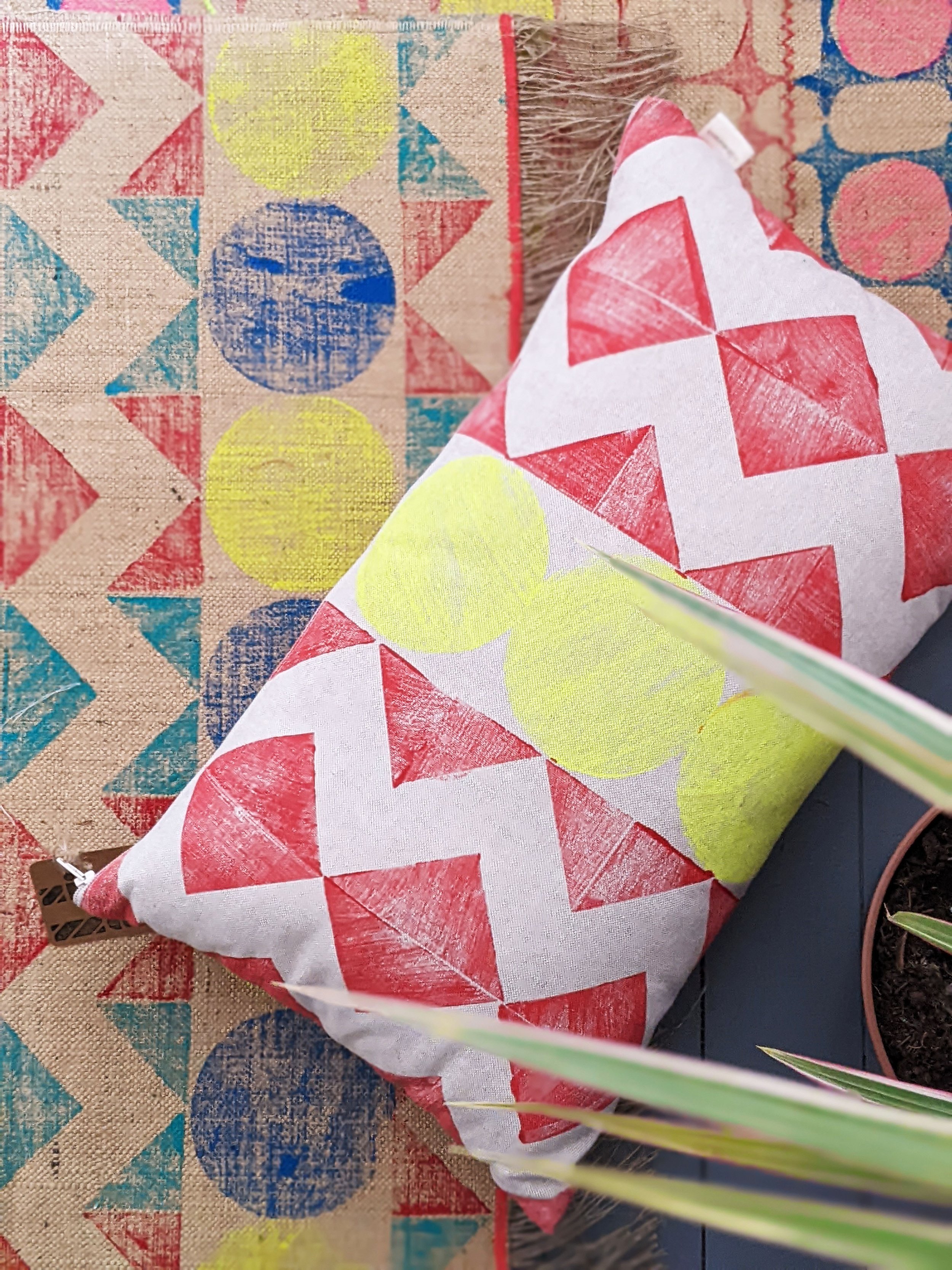 colourful geometric zigzag patterns on cushions and rugs