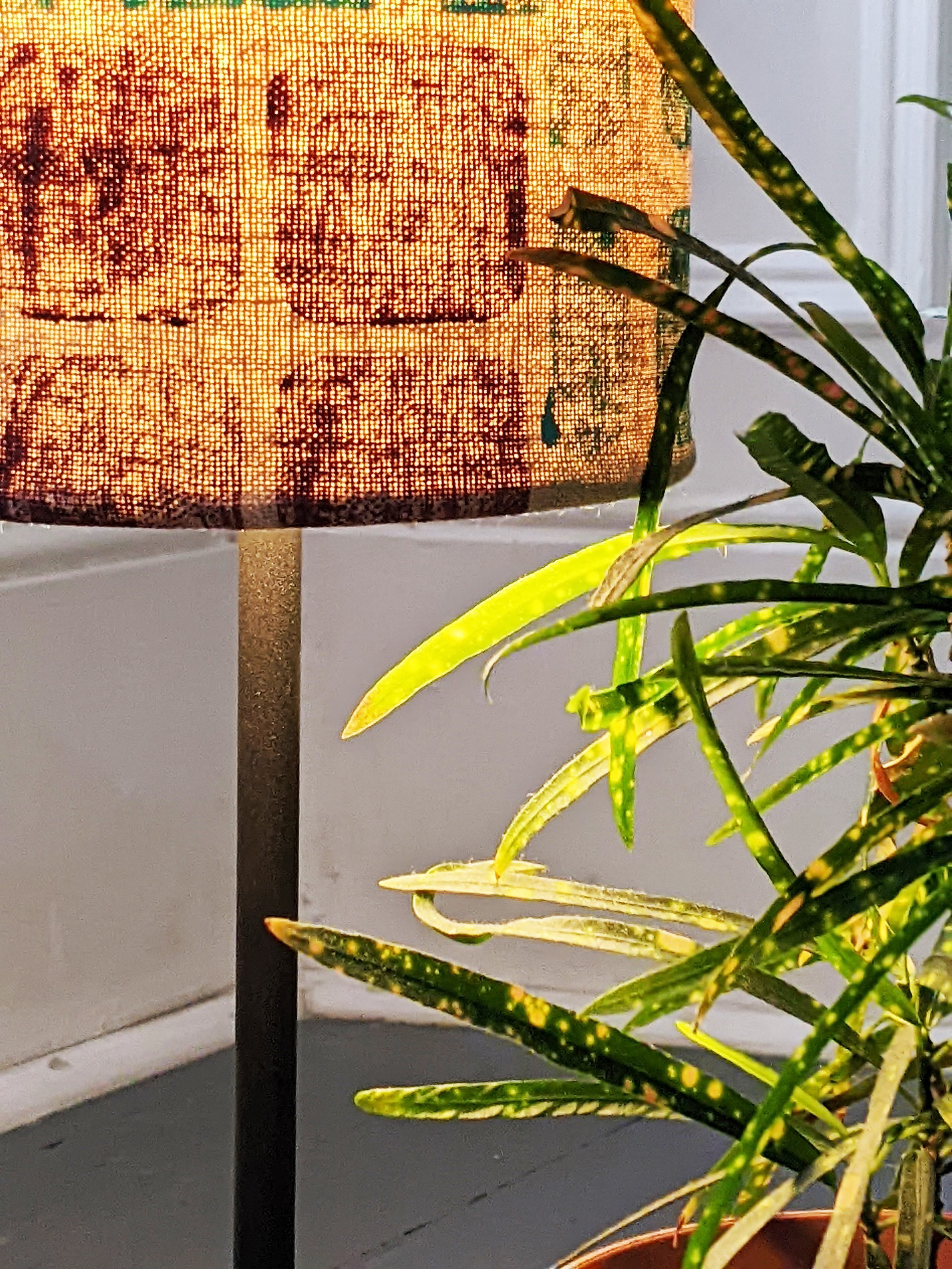close-up detail of hand block printed pattern on small lampshade