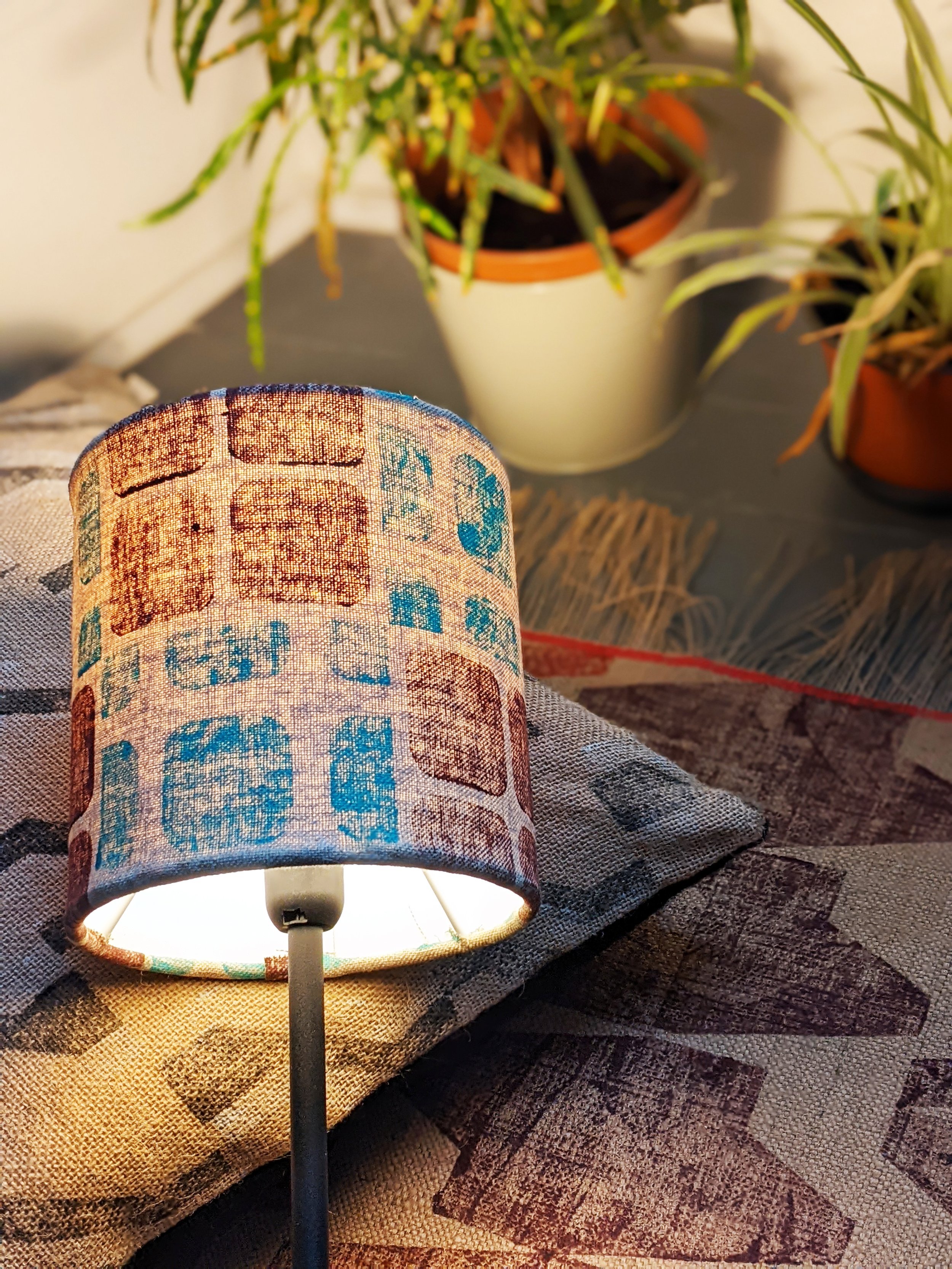 small lamp on cushion and rug in geometric, architectural prints with houseplants on floor