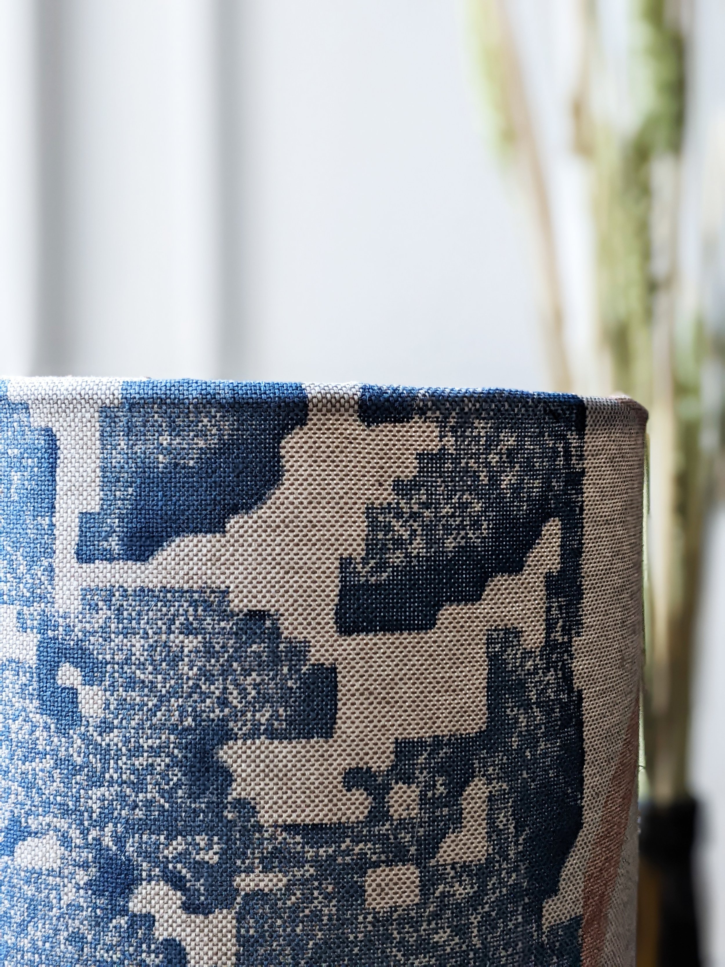 close-up detail of modern block printed rustic pattern on floor lamp