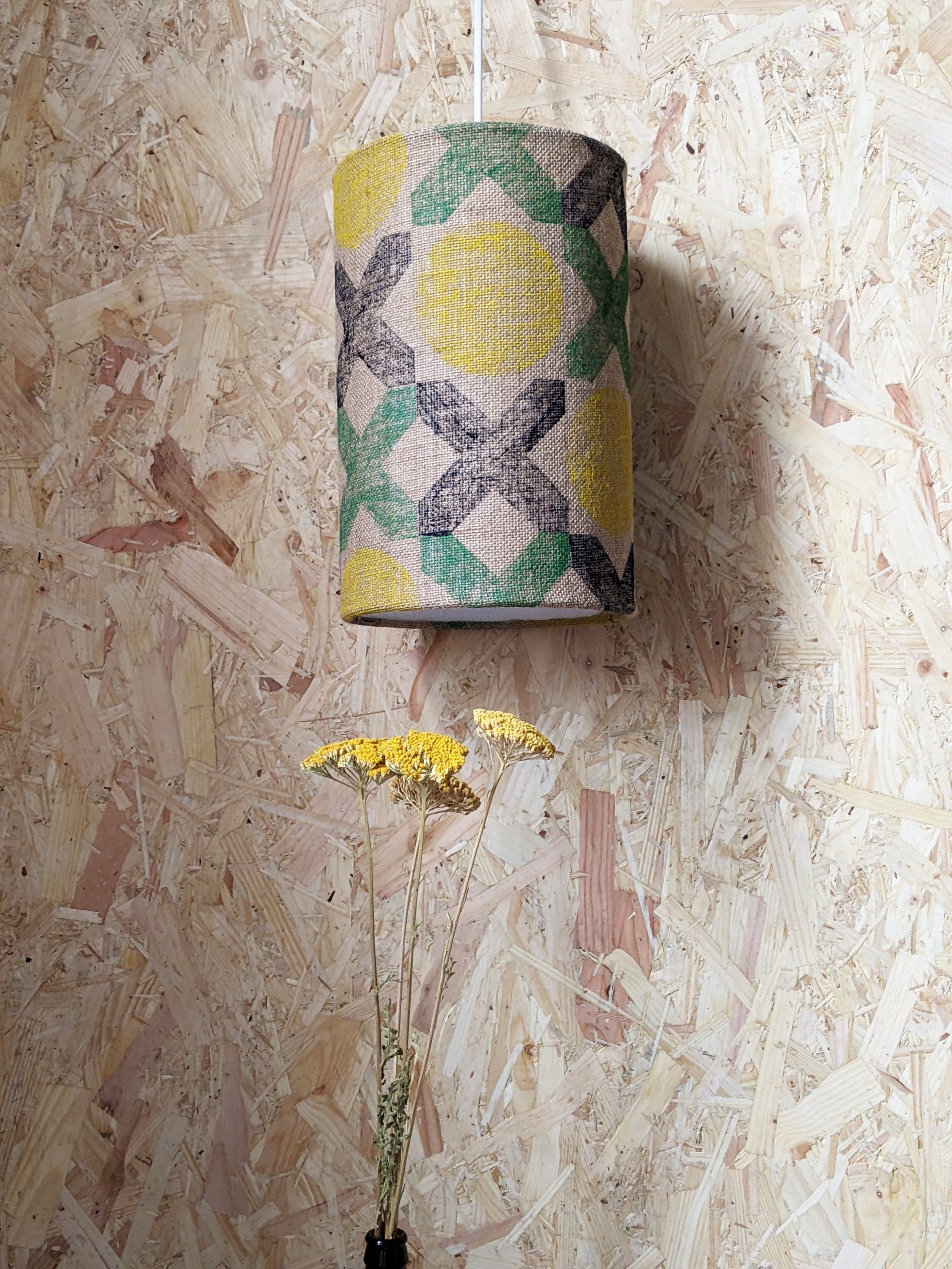 industrial inspired block printed pattern on jute lampshade in fresh, contemporary summer colours