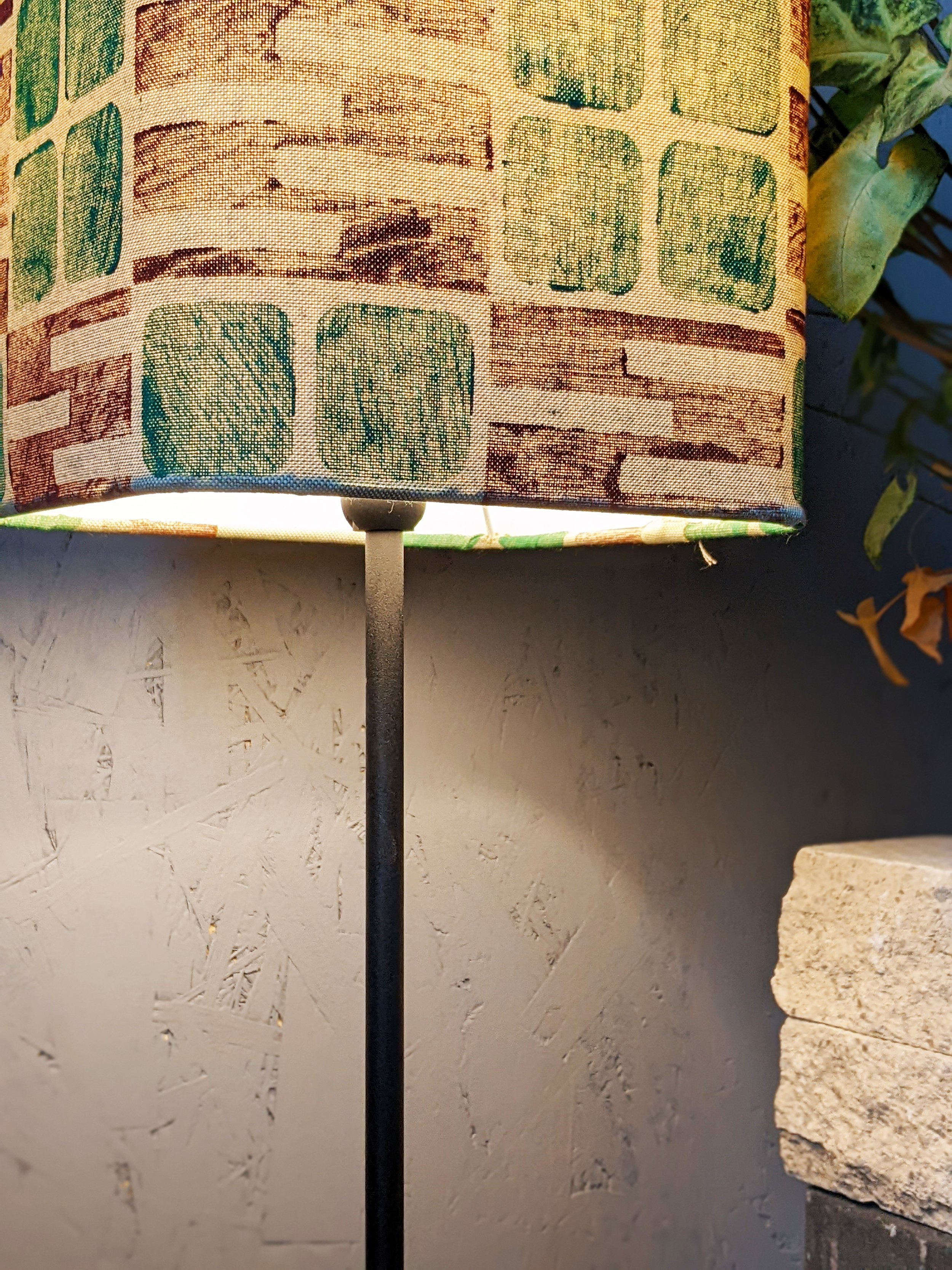 illuminated hand block printed small lampshade in an architecturally inspired pattern
