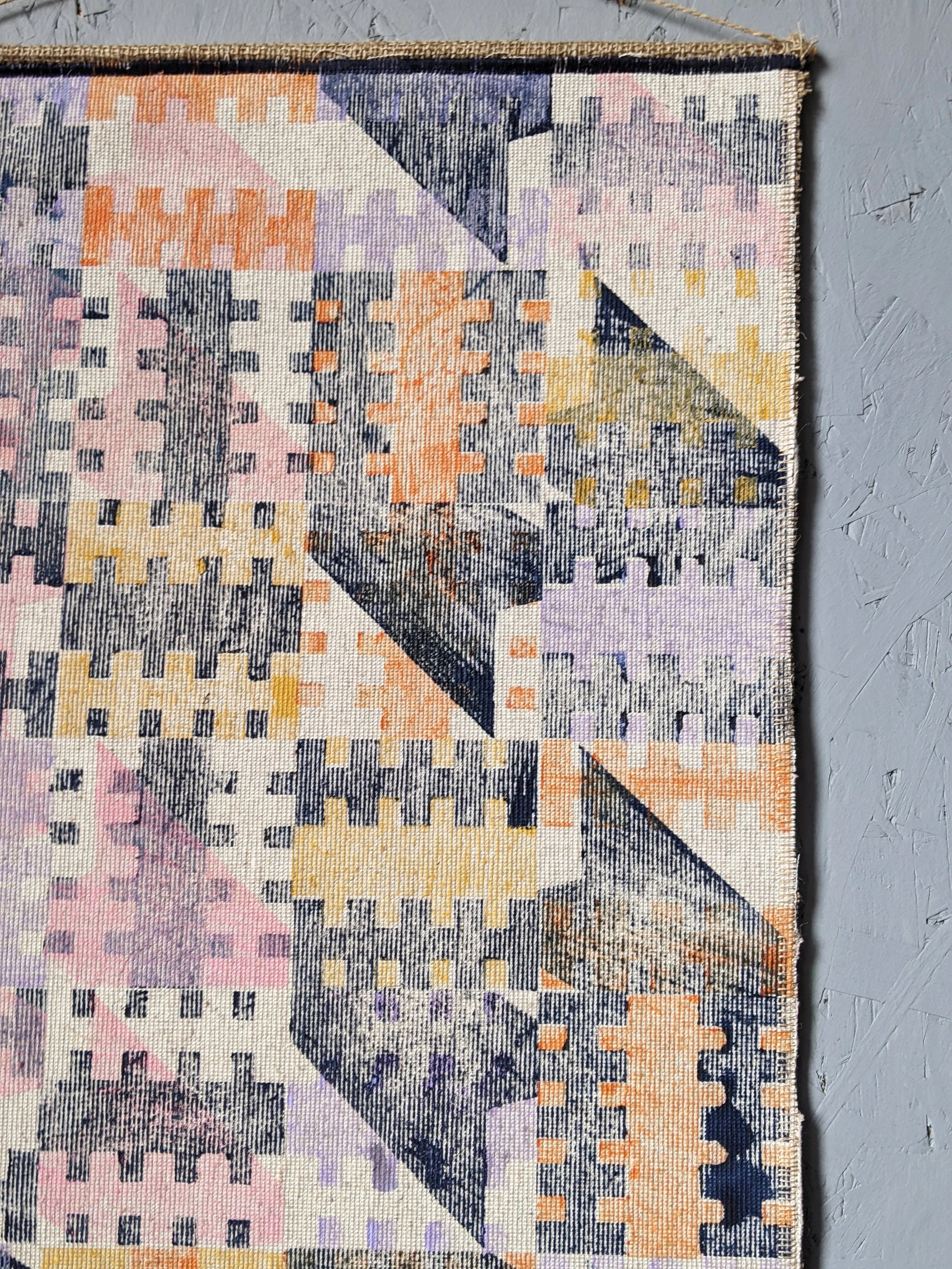 details of block printed geometric pattern on abstract wall hanging inspired by brutalist architecture