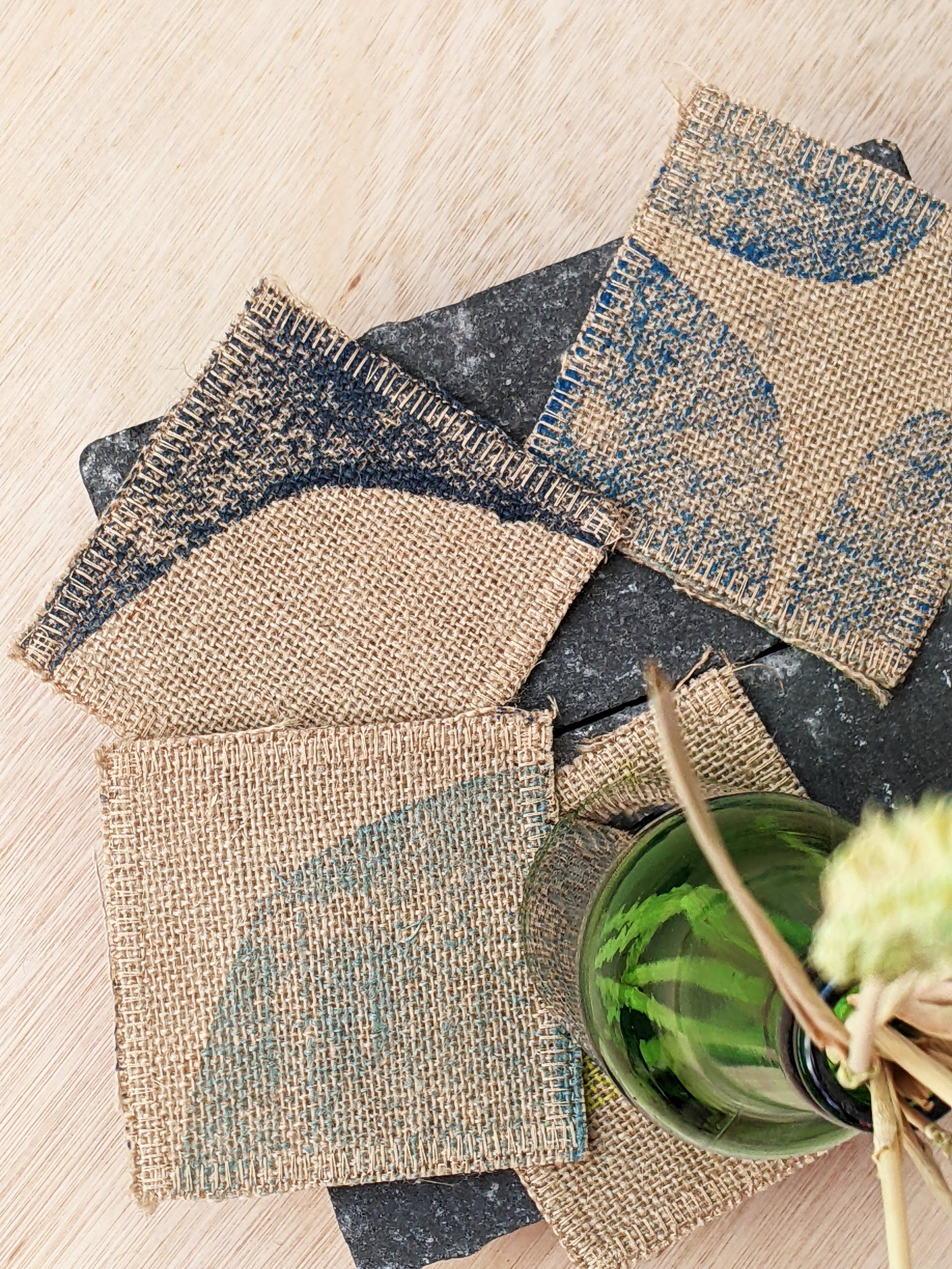 close-up details of block printed jute coasters