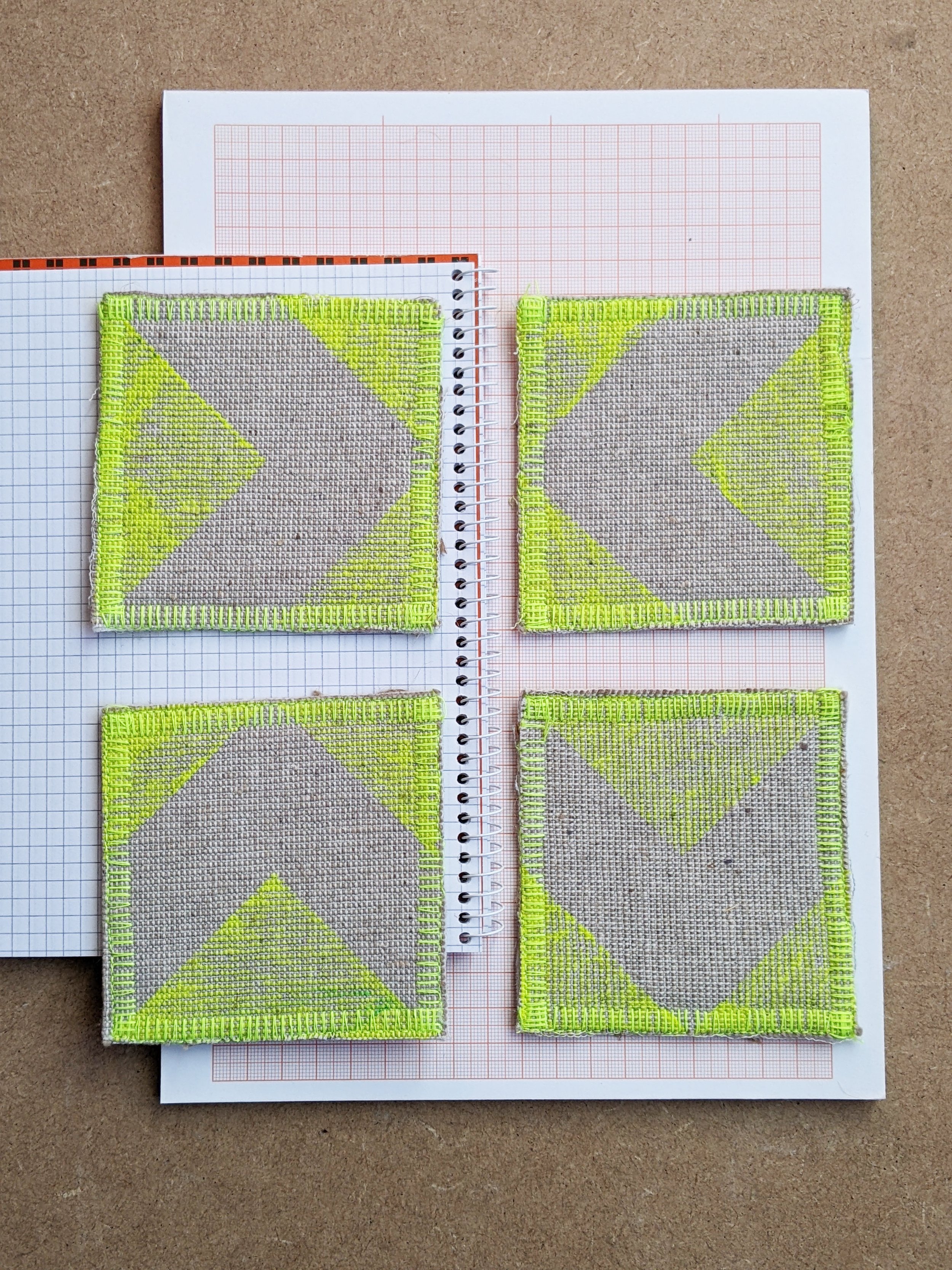 bright yellow stitched and printed fabric coasters placed on stationery on studio desk
