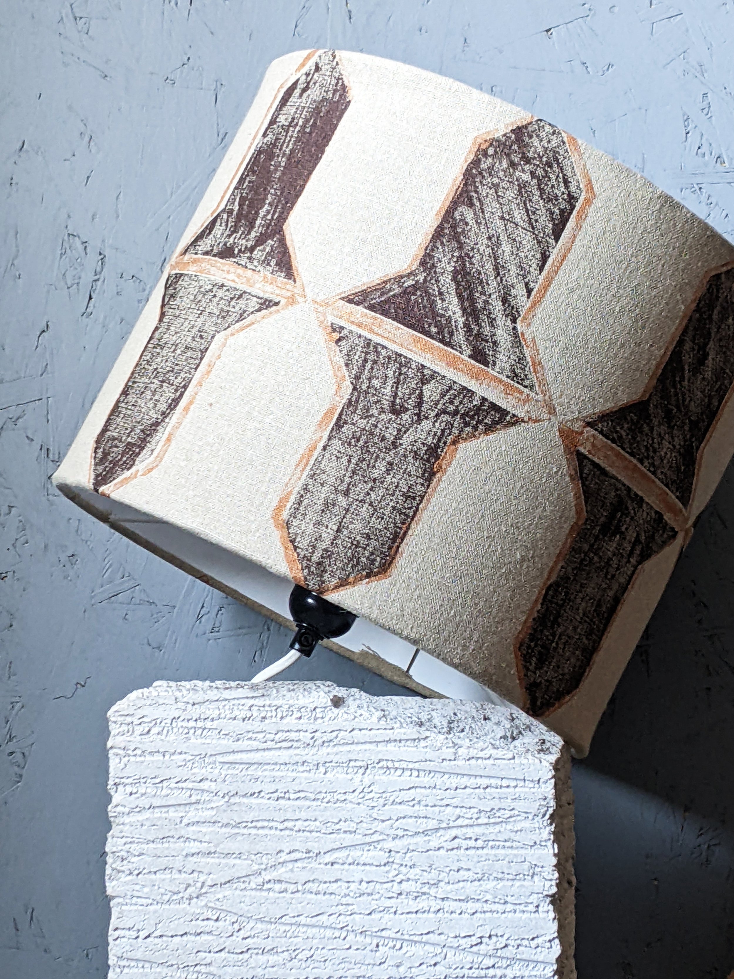 hand block printed abstract geometric drum lampshade of recycled linen