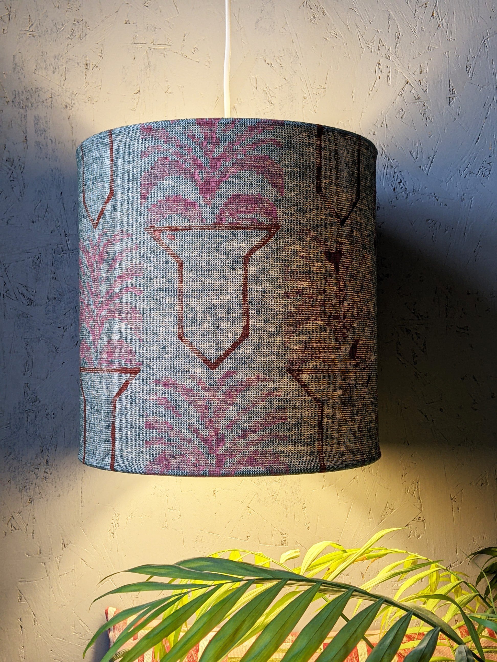 drum lampshade with geometric and floral block printed pattern