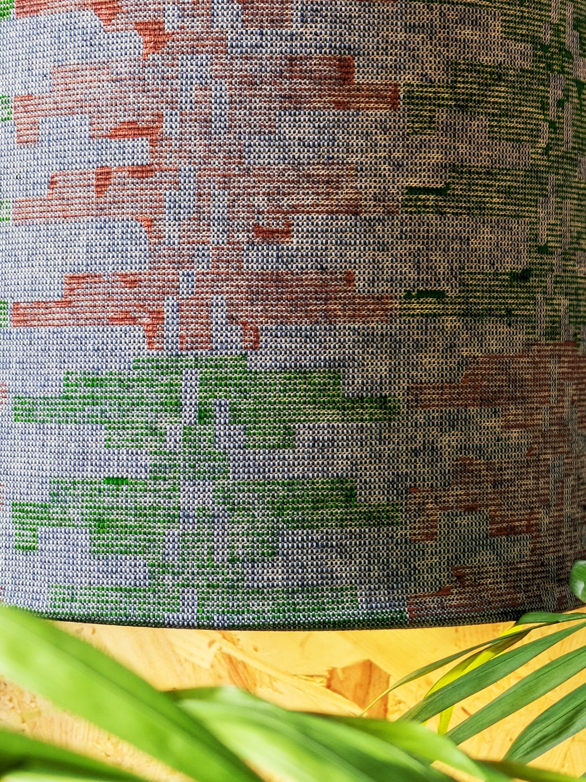 close-up detail of fabric texture and block printed pattern on lampshade