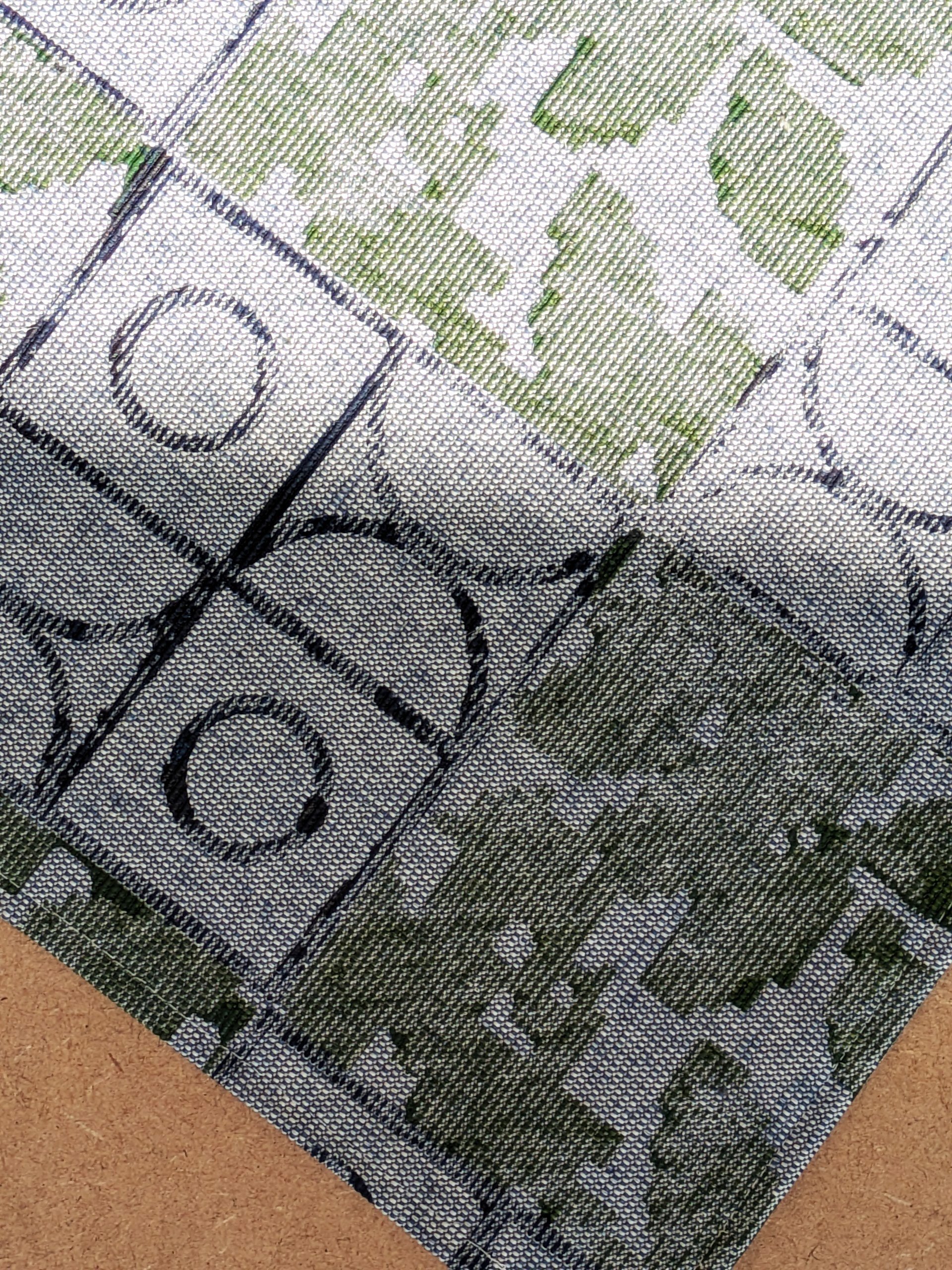 close-up details of tactile print on rustic hand printed kitchen towel