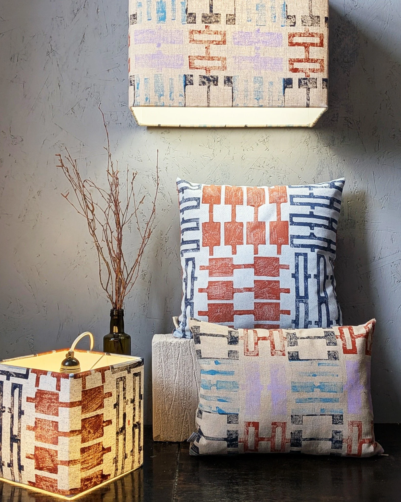 new studio drop! 📌 in line with our new curated edit we've dropped a new  floor lamp, a cubical lampshade, and a small cushion - prints from the T&Eacute;GLA, P&Aacute;LMAH&Aacute;Z and LUGAS tilesets combined in pastel, blue and terracotta tones.

