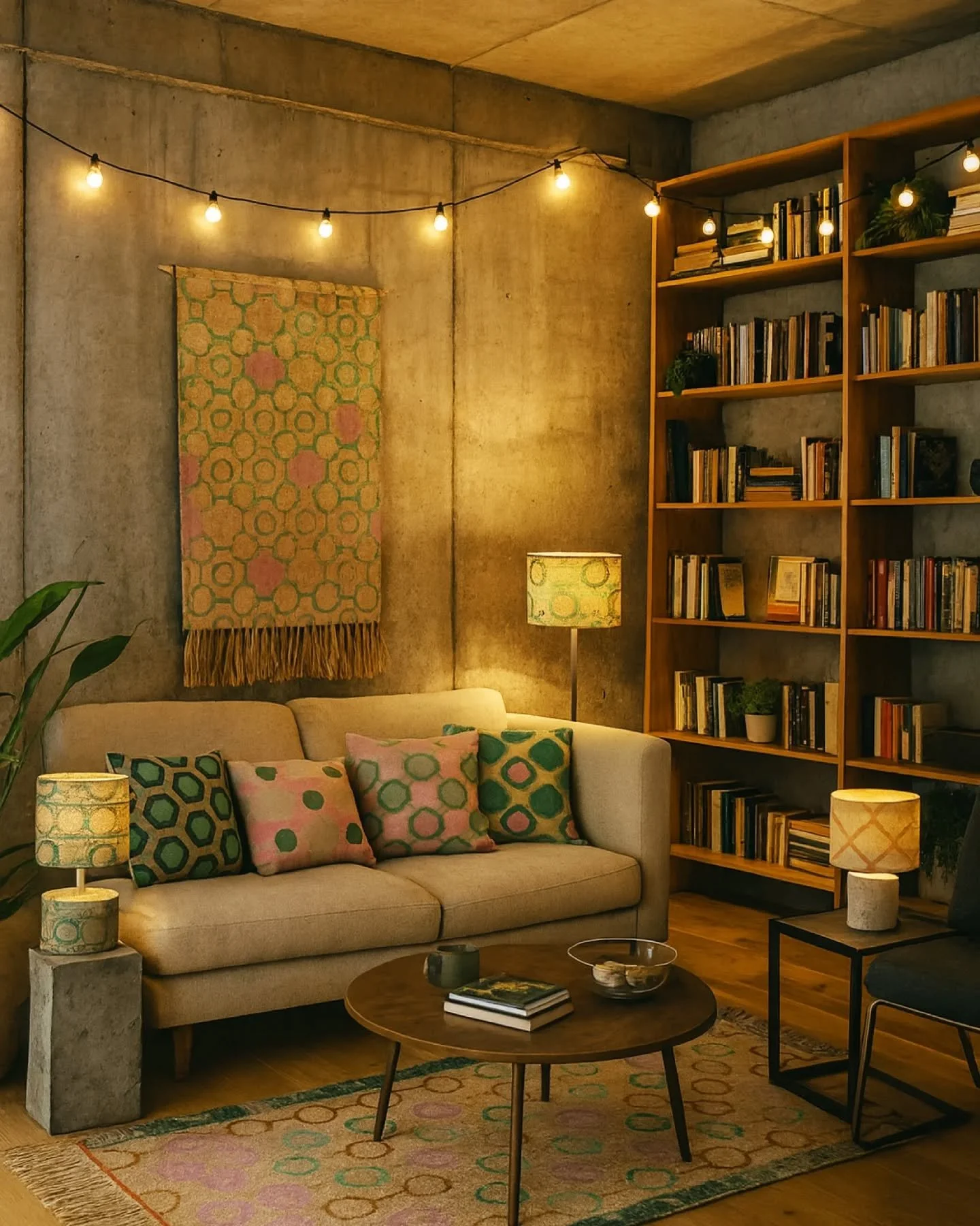 at (a dream) home 🌙 with architectural textiles: the TEGELS collection reimagined in context. 

i rook an old collection and asked the machine to dream a little. living room, kitchen, bedroom, hallway: each space built from the same logic of rhythm,