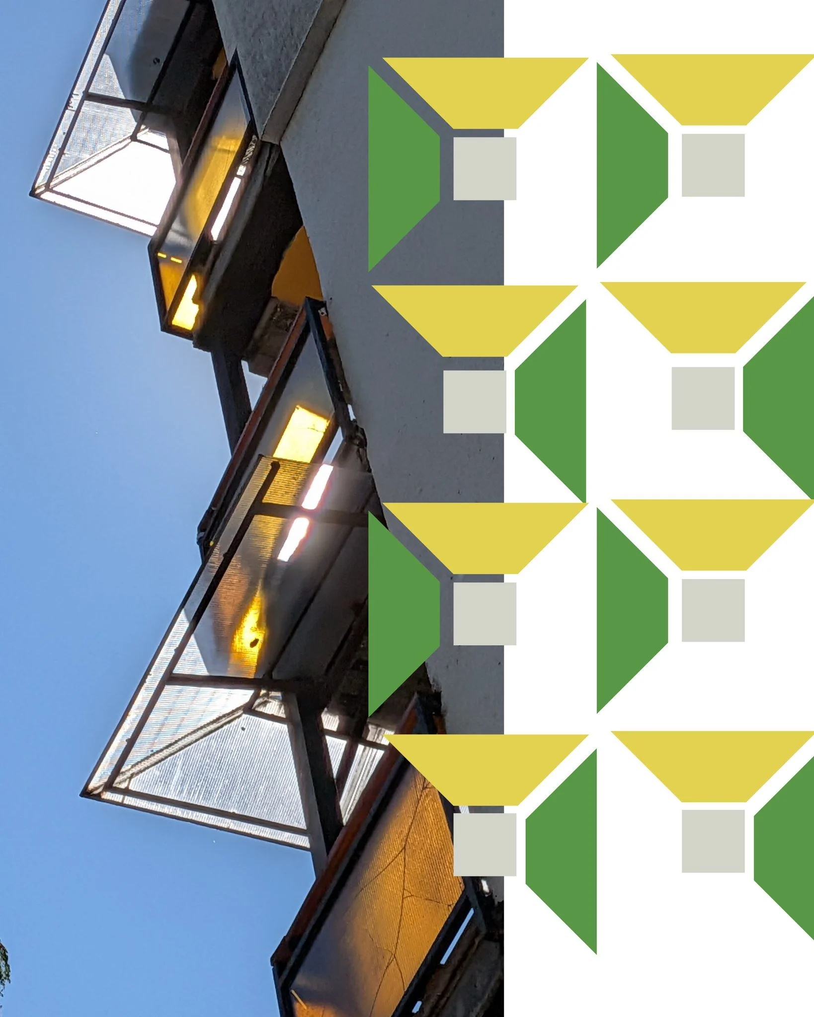 sunday inspiration 🔶 those balcony angles again &mdash; safety glass catching summer midday light on a residential block in b&eacute;k&eacute;scsaba. the yellow "orosh&aacute;zi" glass on these buildings is a very hungarian thing. it retai