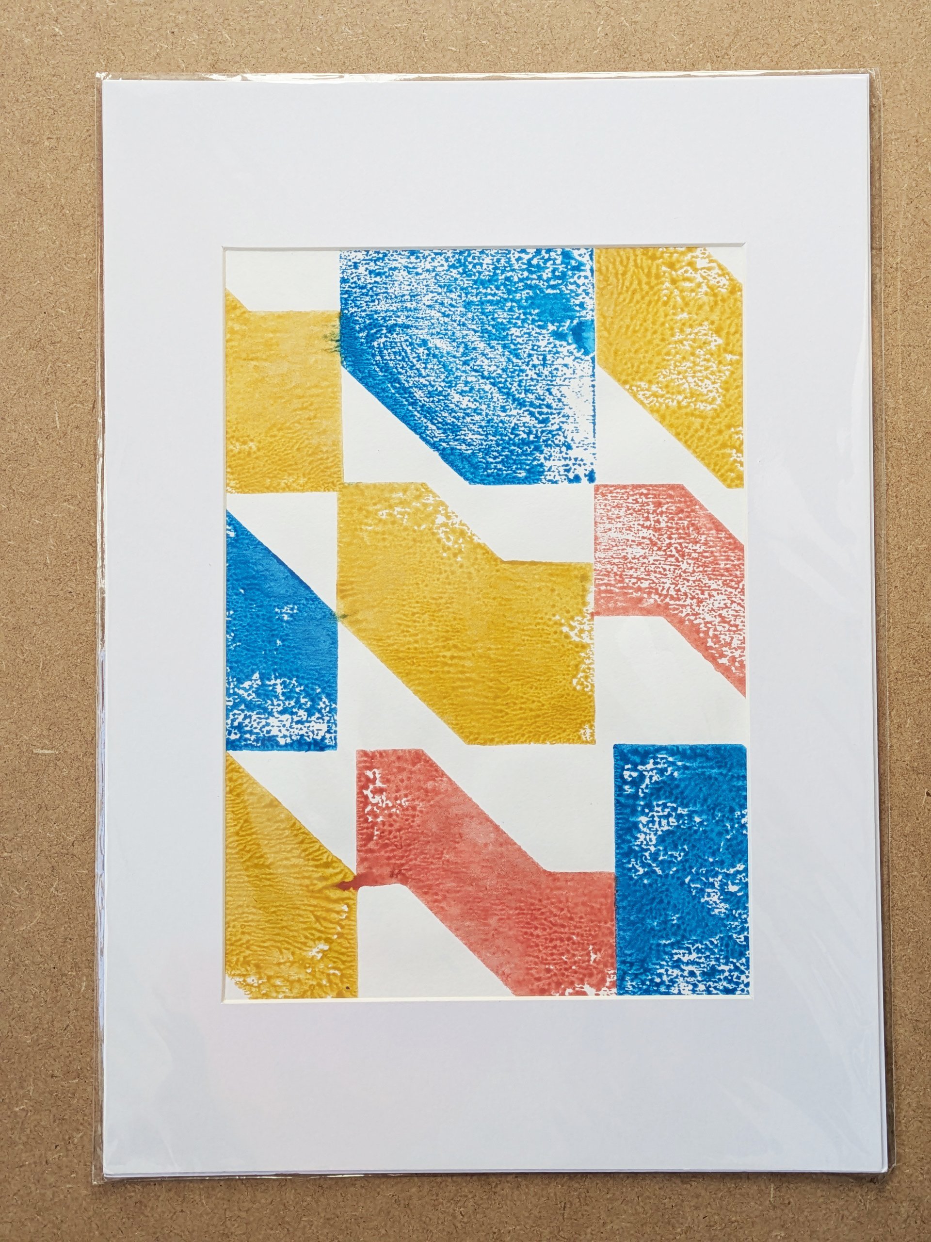 modern abstract geometric architectural print on wallpaper, framed in white mountboard in A3