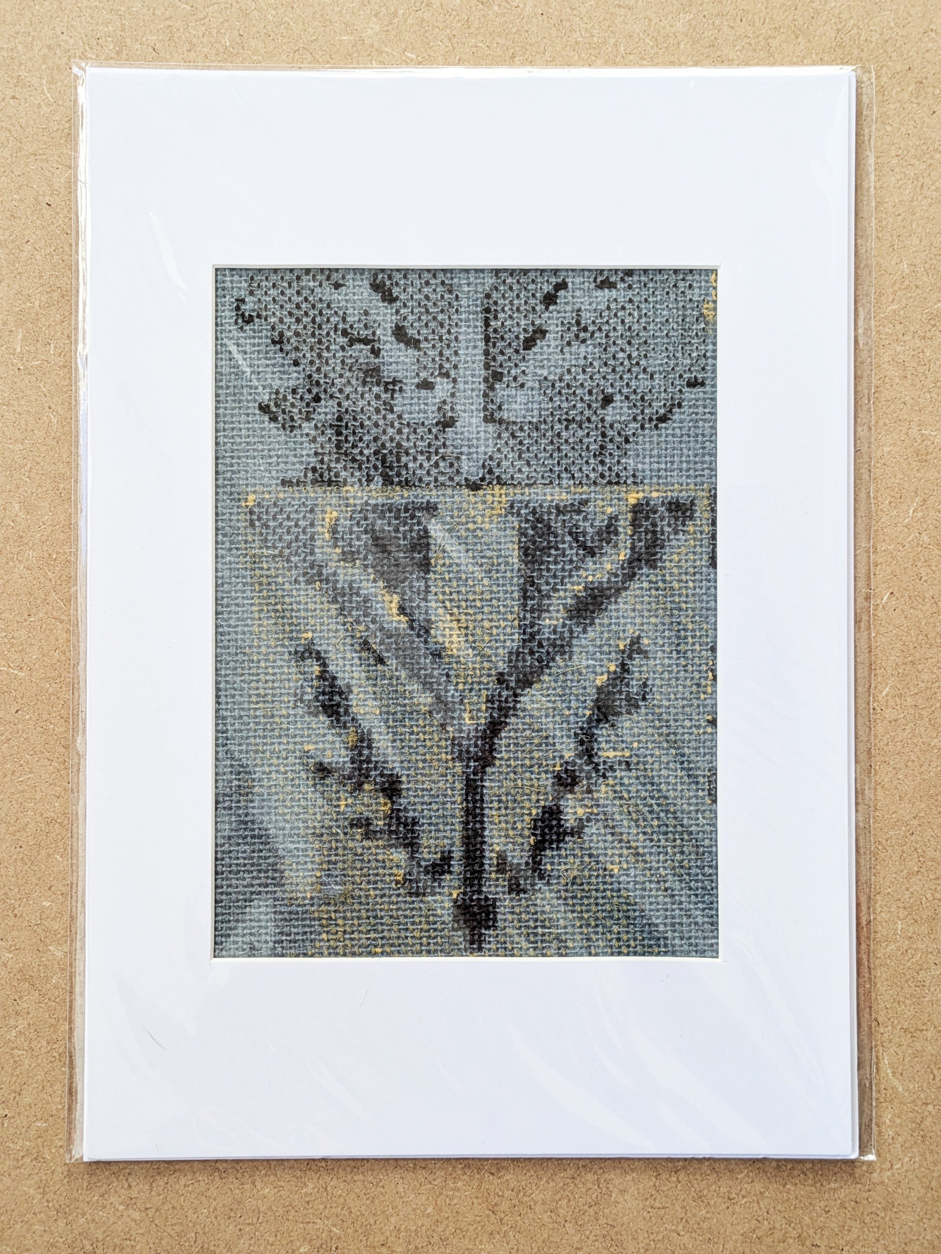 rustic floral abstract print printed on jute grasscloth framed in A4 mountboard