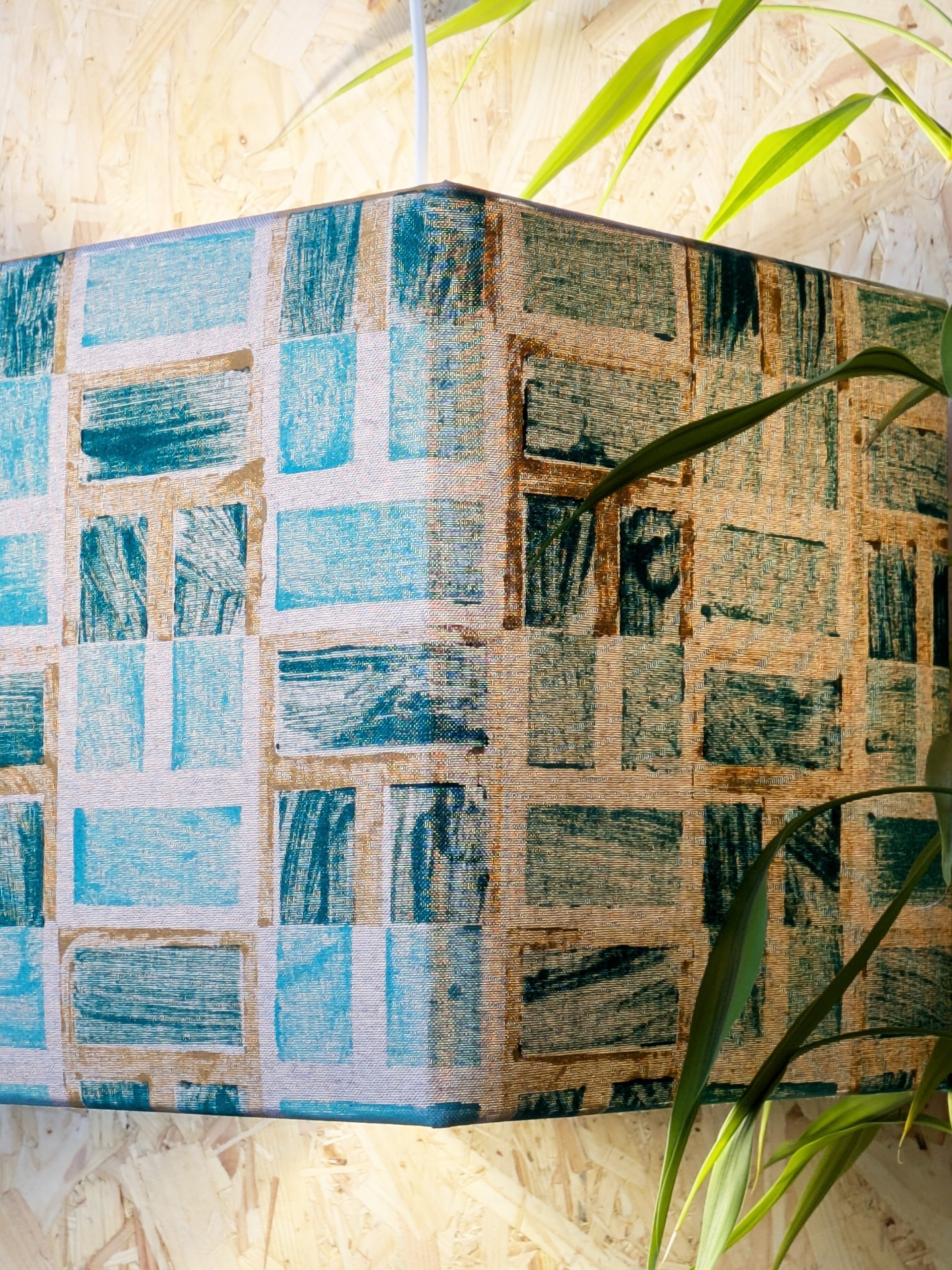 modern lampshade cube-shaped architectural block printed pattern in green colours