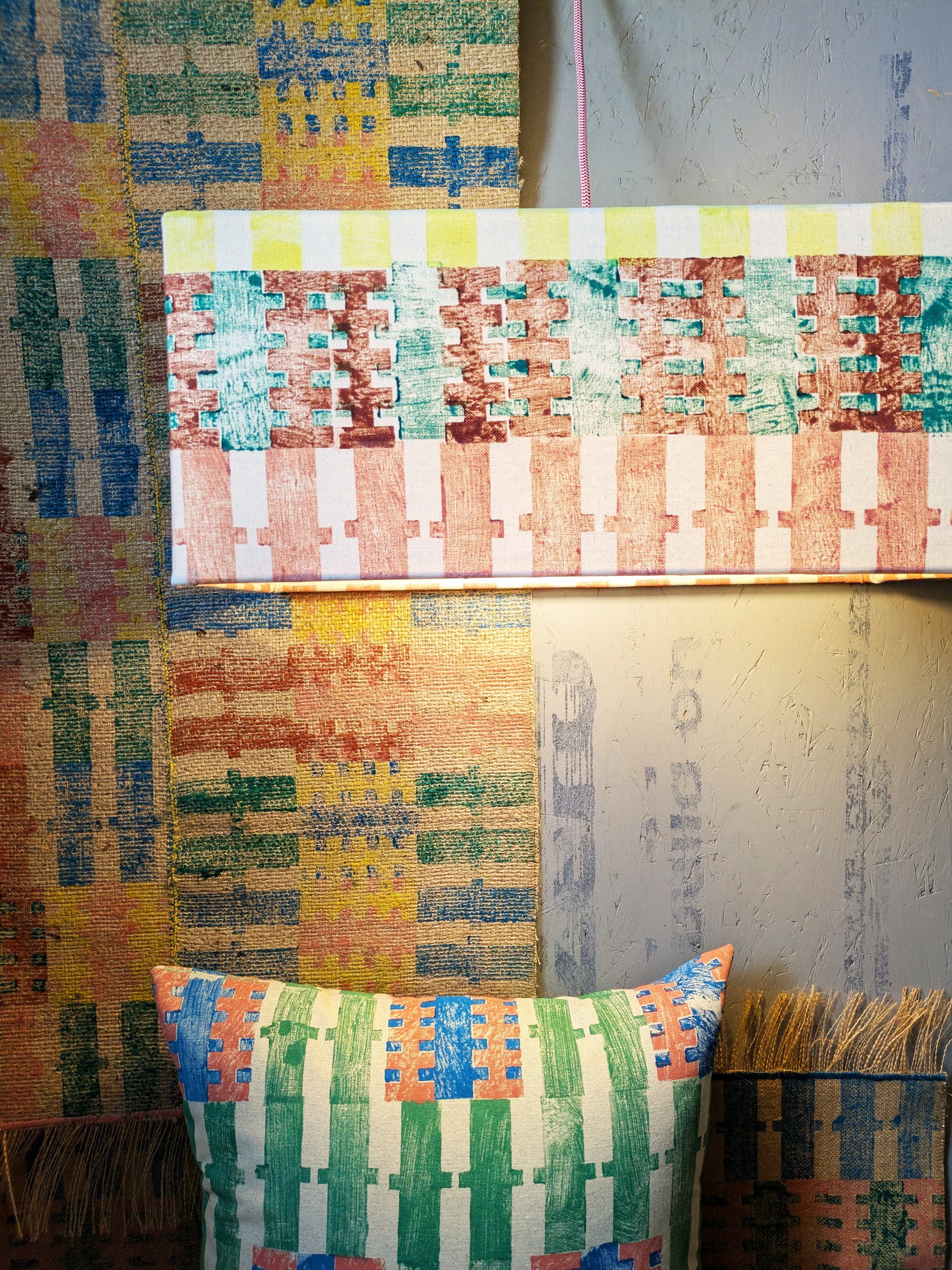 colourful striped lampshade with hand printed rugs in dopamine decor scene