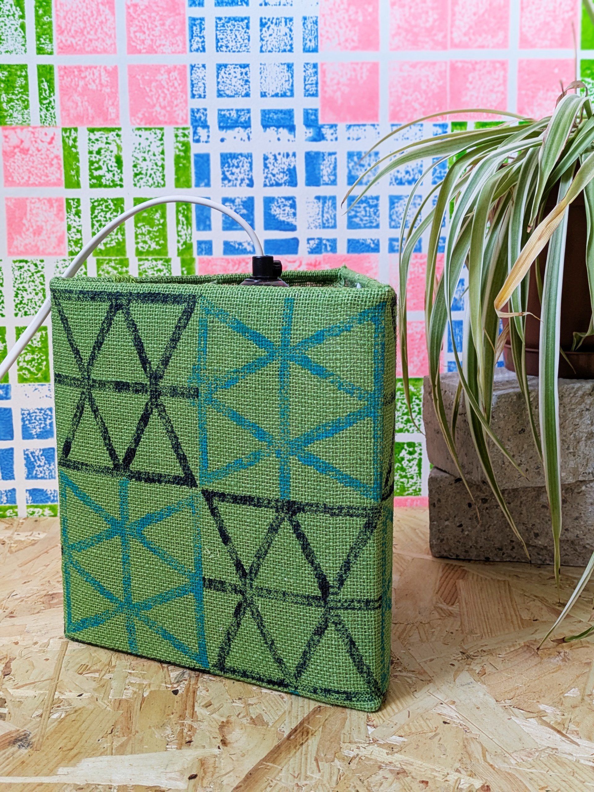 block printed lampshade in green print on bright green jute