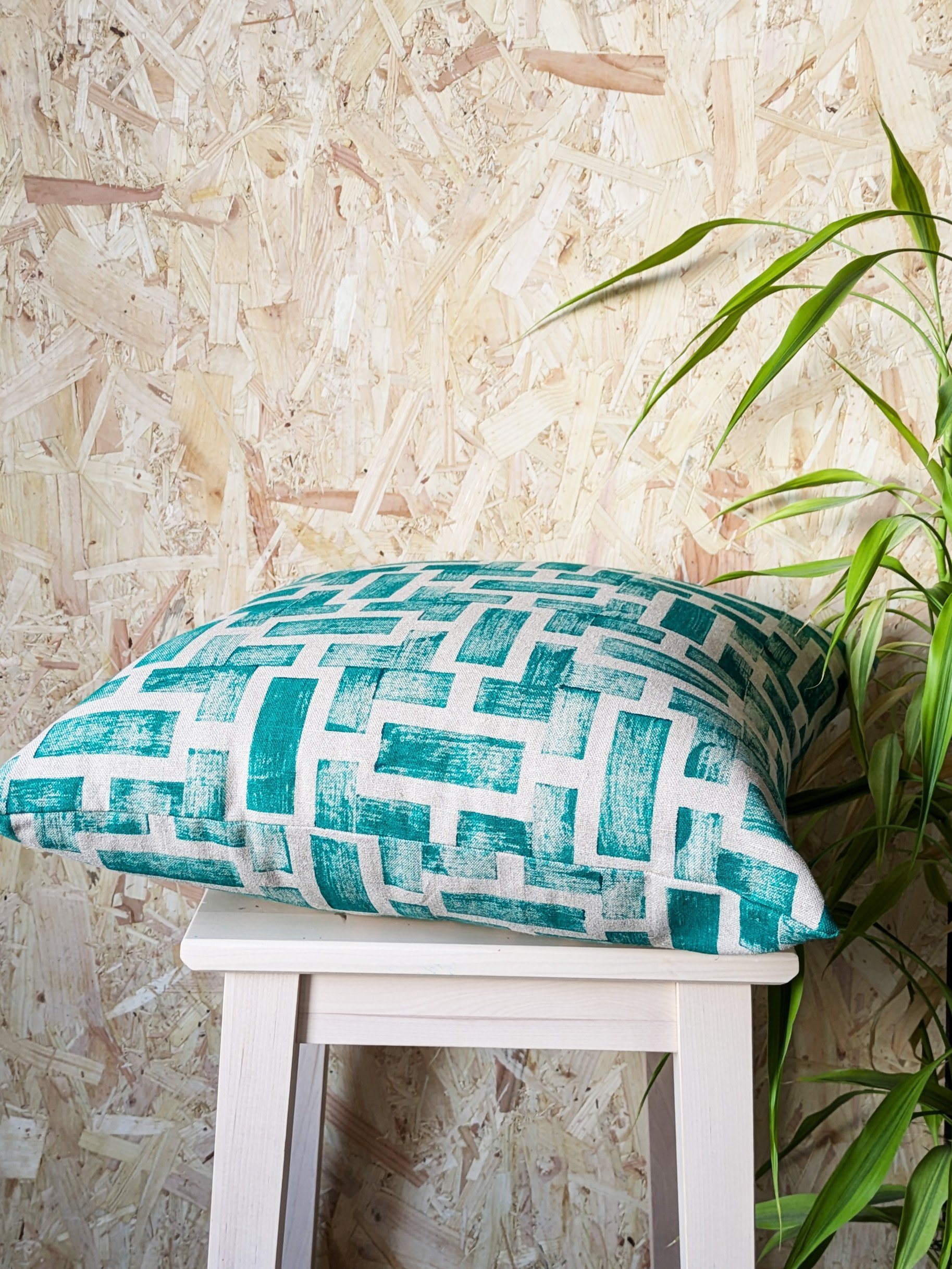 large luxury linen cushion in hand block printed architecture inspired abstract geometric pattern design