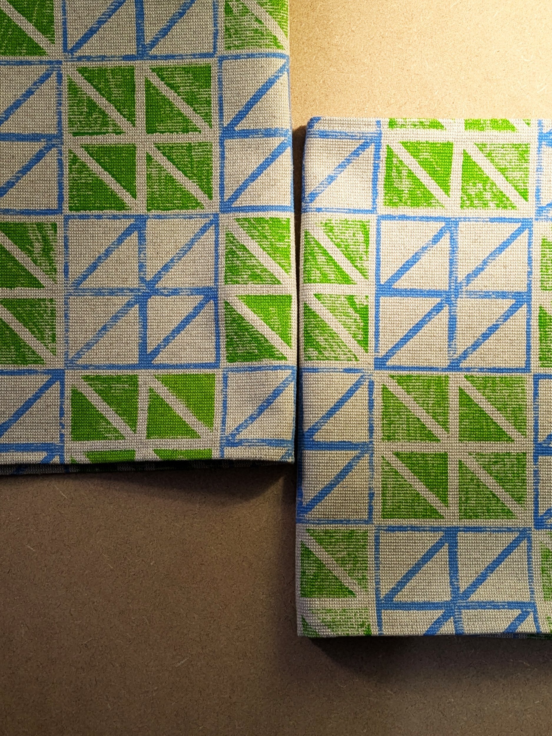 place mats folded in close-up detail on modern contemporary block printed geometric pattern