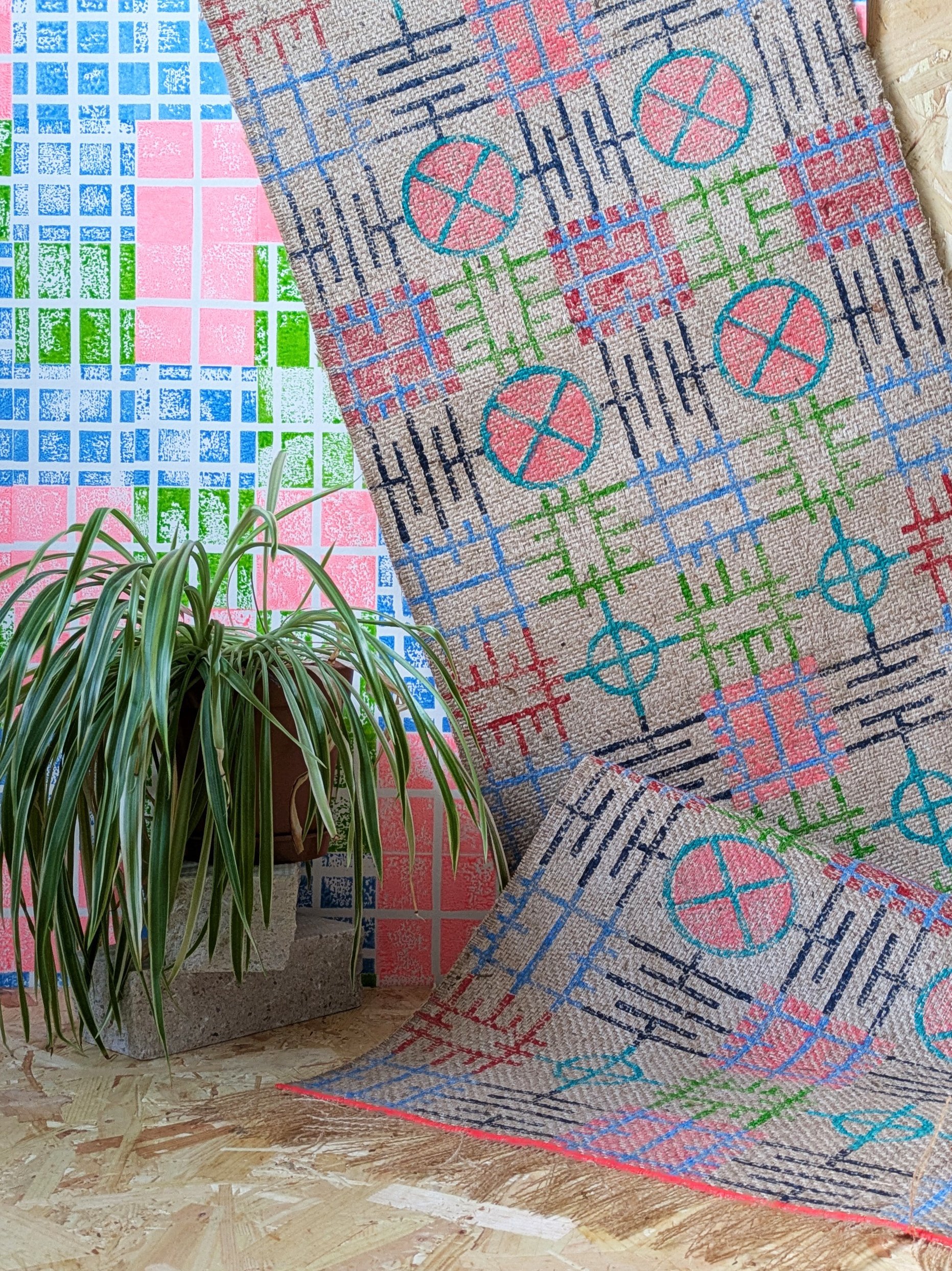 jute runner in circular block printed grid pattern in neon colours
