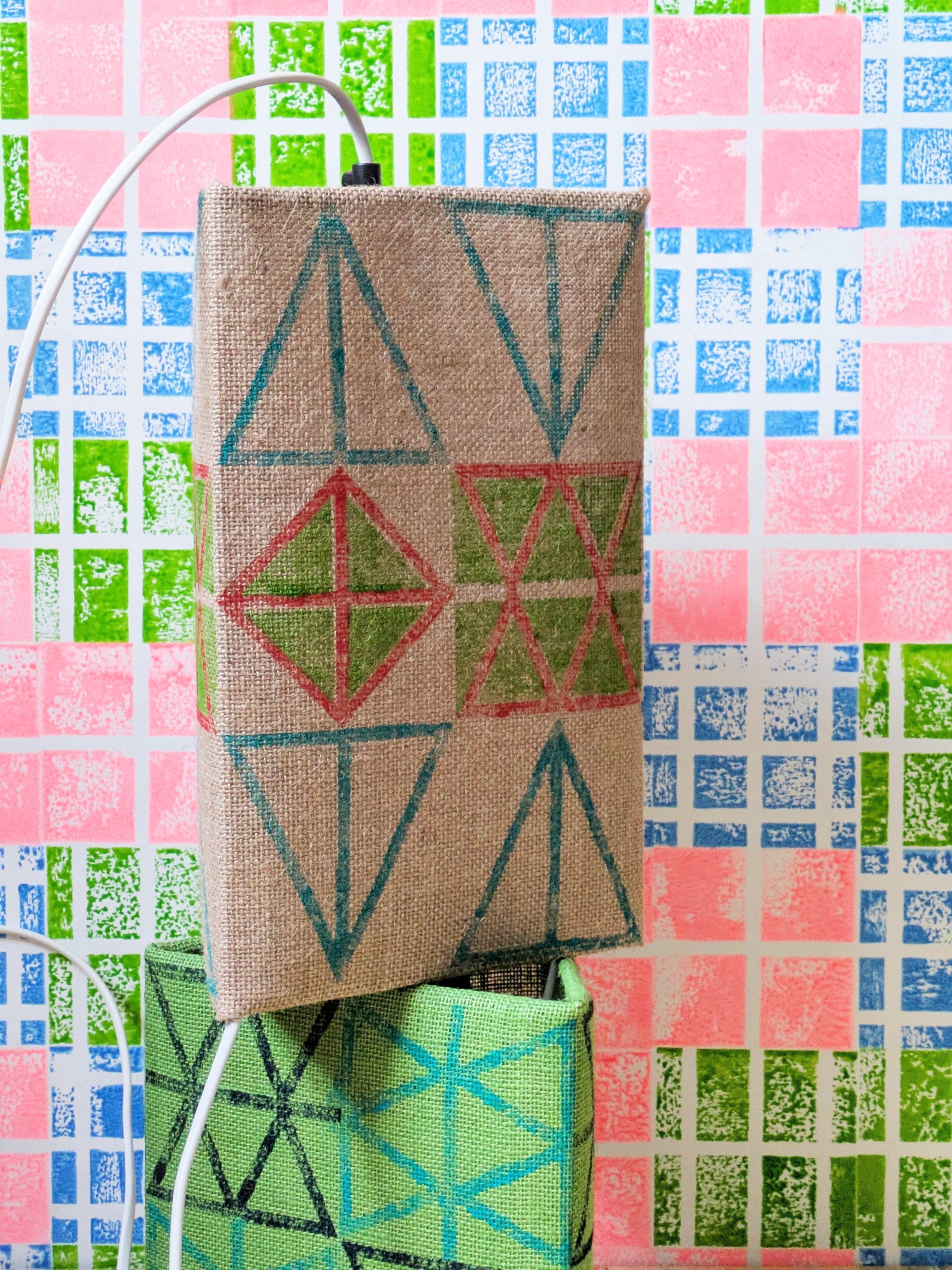 side of block printed triangular lampshade with natural jute and bold colours