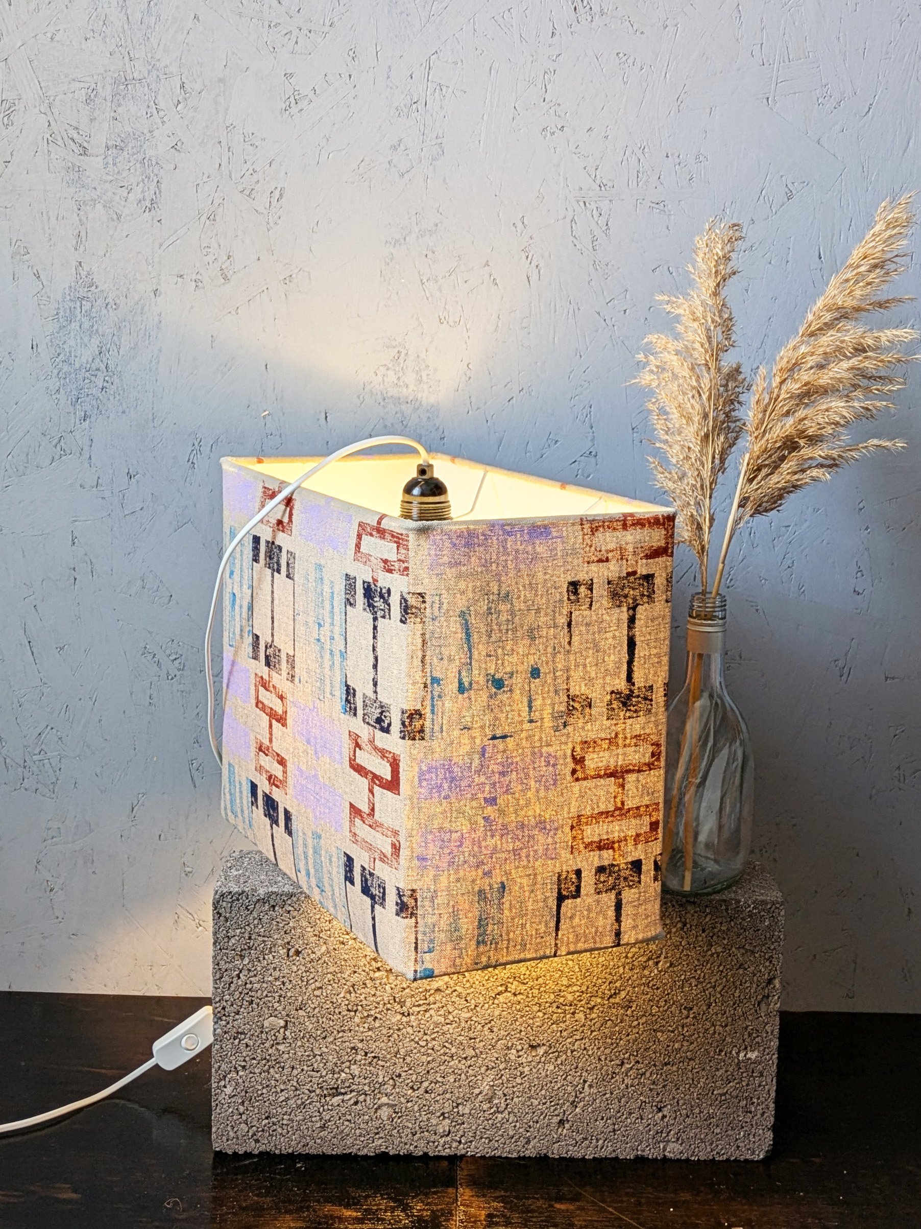 linen lampshade in contemporary rectangular architecturally inspired print design