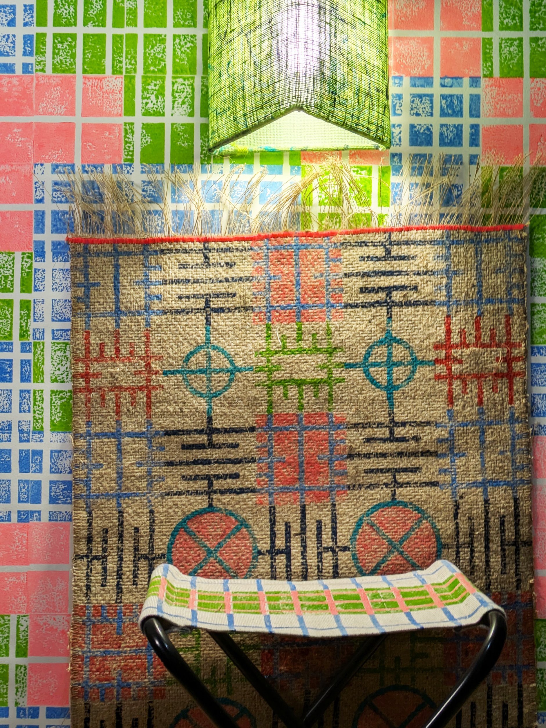 cosy interior scene with jute rug under warm light in contemporary block printed pattern