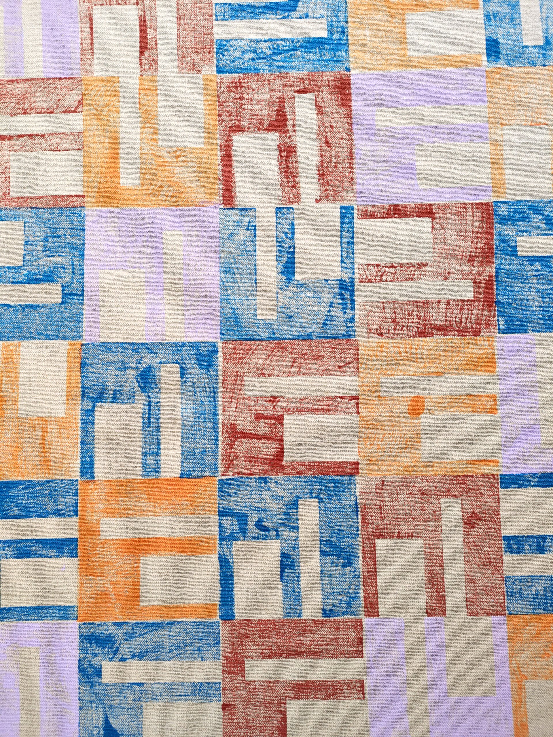 architecture inspired textile print in abstract geometric retro inspired pattern and warm soft colours