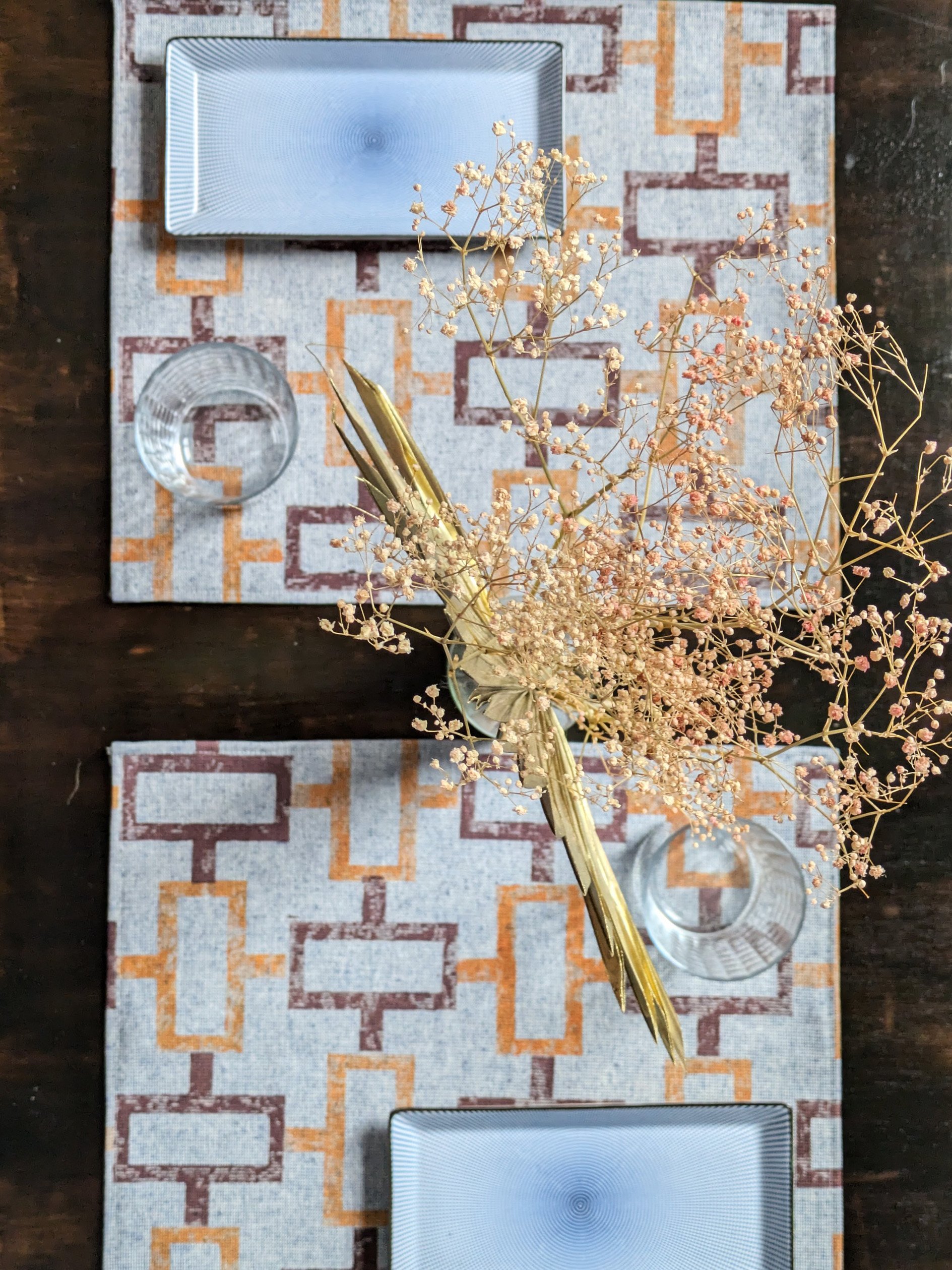 geometric block printed place mats on japanese inspired table set