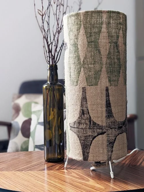 1960s inspired interior scene with jute block printed table lamp