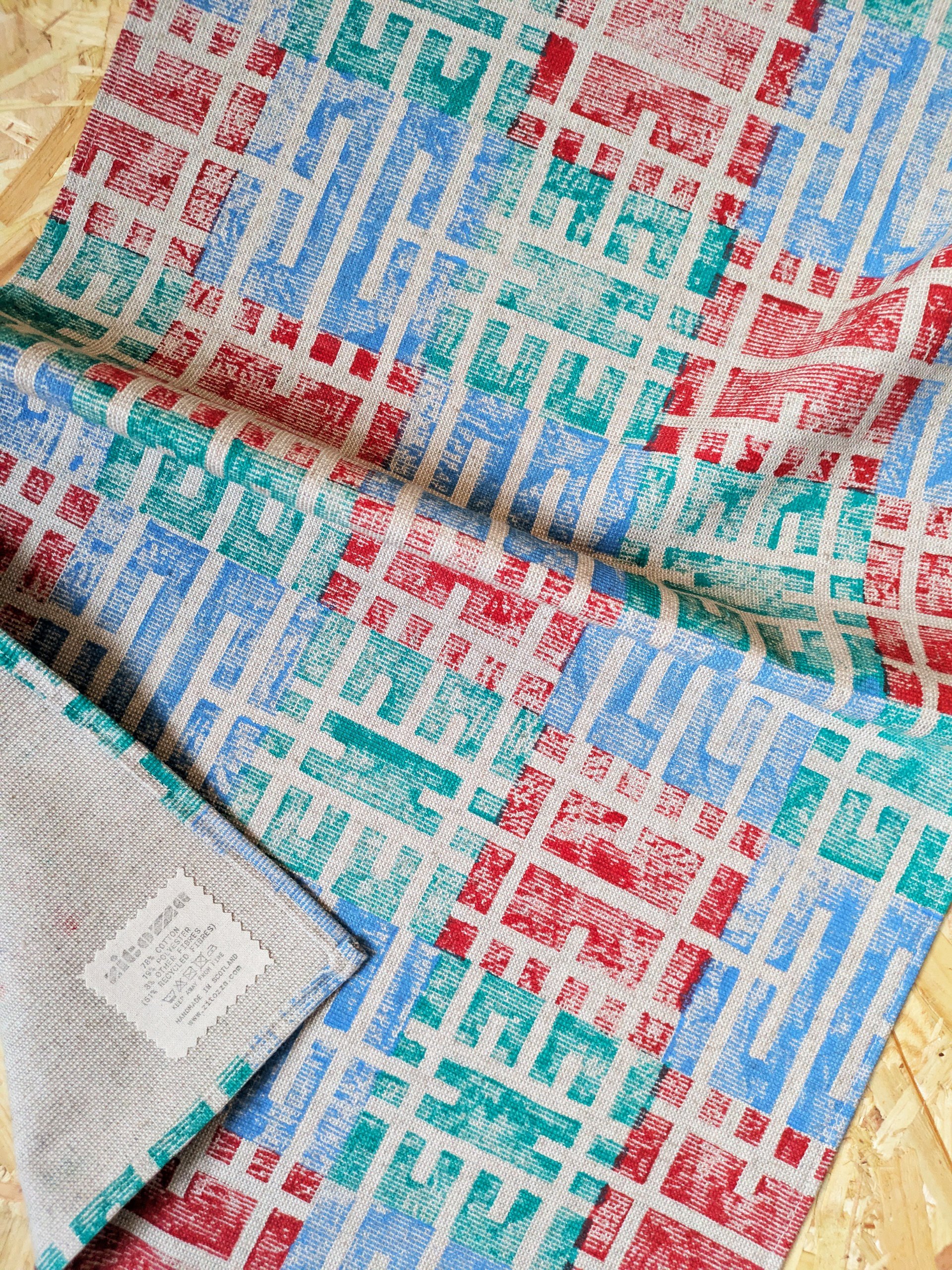 architecture inspired block printed pattern on teatowel