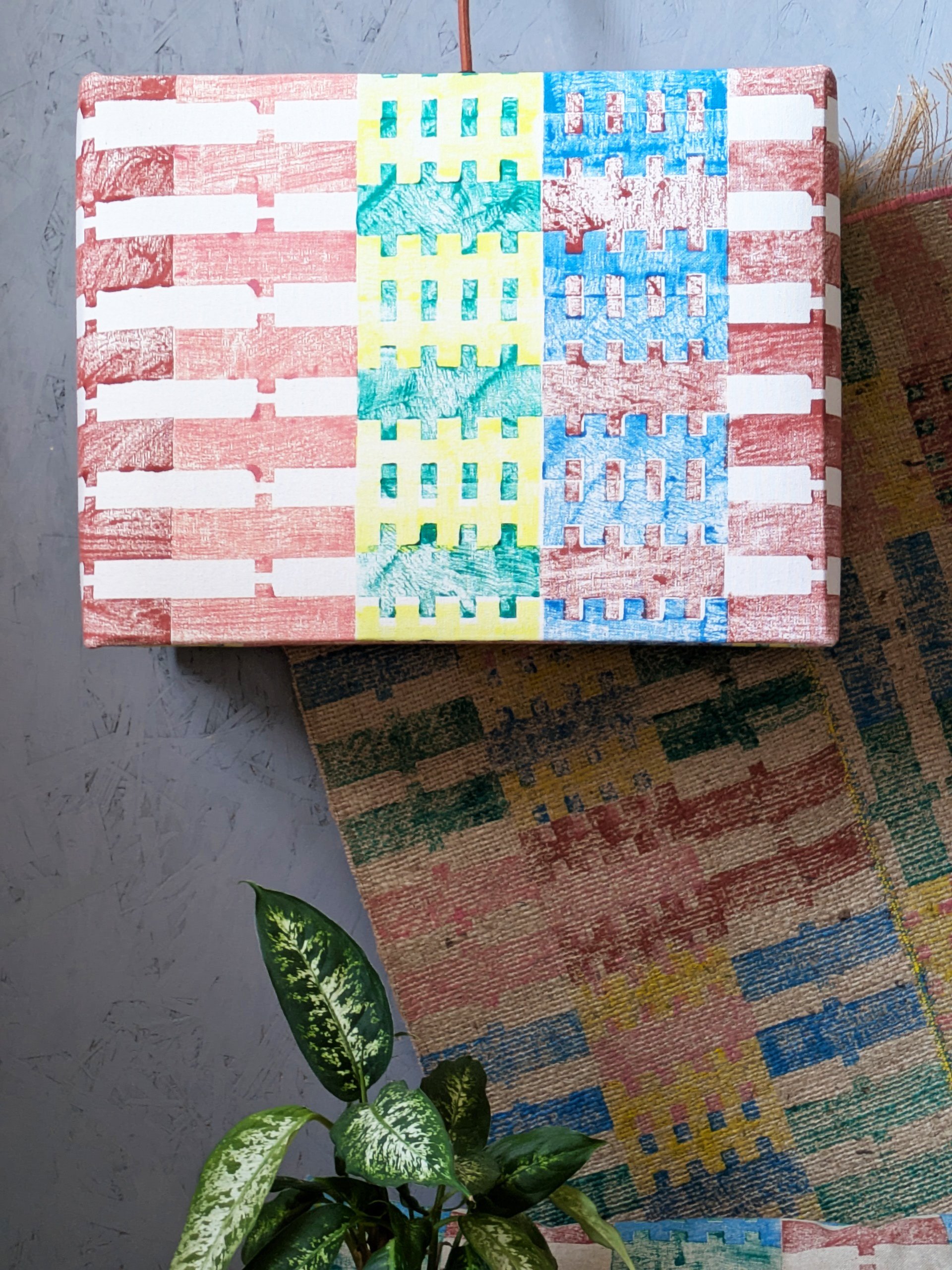 hand block printed rectangular lampshade with horizontal stripes and bold colours with pastel pink