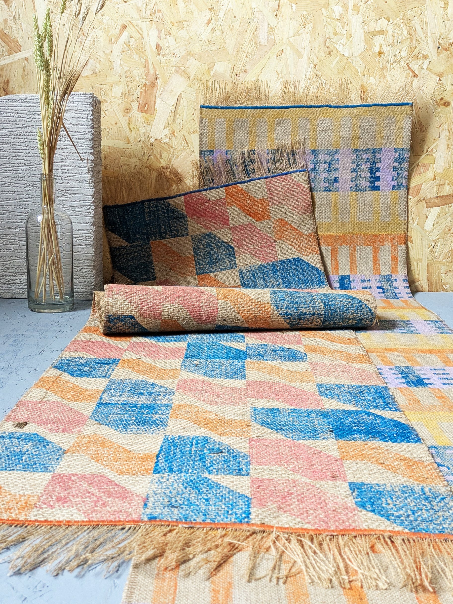 printed runner rugs in studio scene in brutalism inspired patterns and bright contemporary colourways