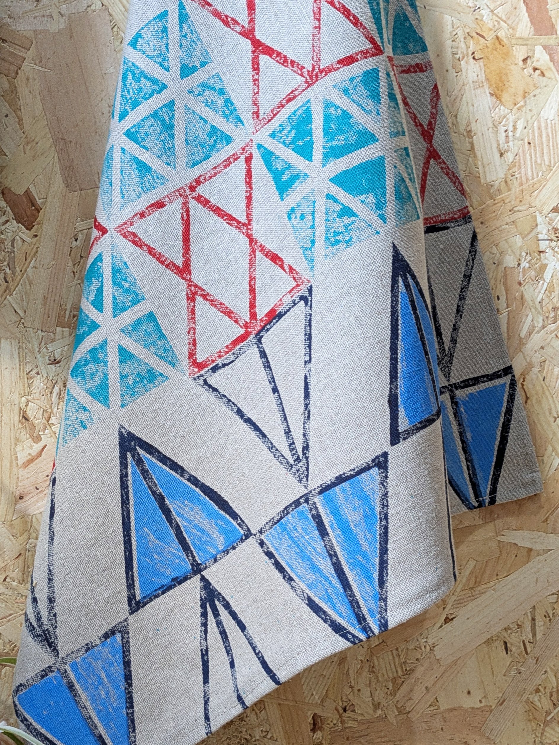 hand block printed linen kitchen towel with geometric abstract fun pattern