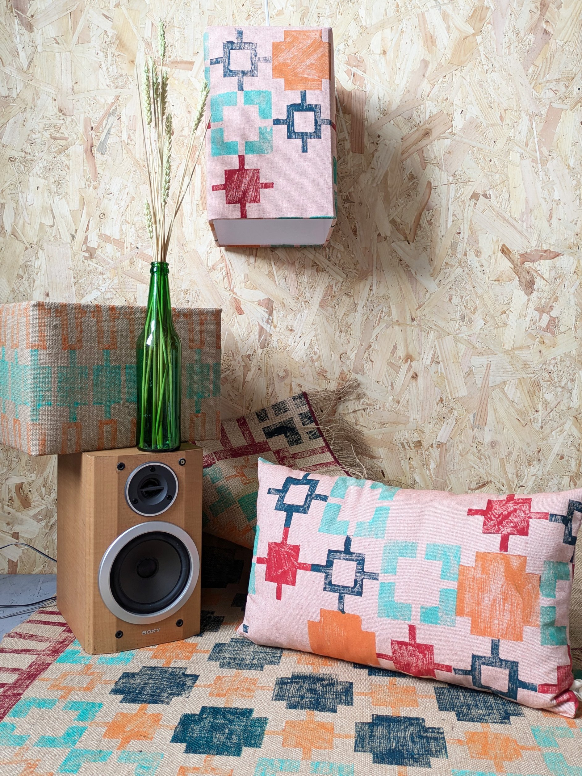 cosy studio scene with funky geometric block printed interior patterns