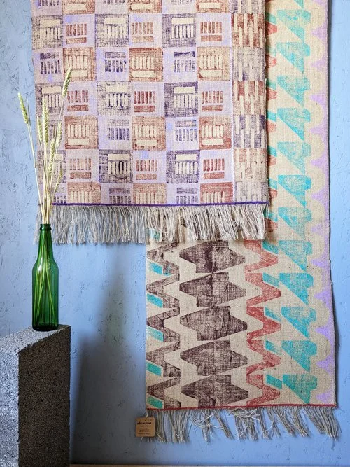 architecture inspired hand printed jute rugs hanging