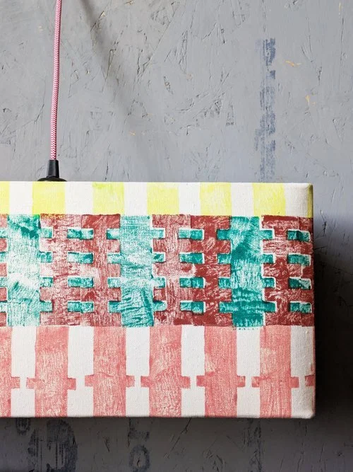 hand block printed bold striped lampshade with summer pastel colours