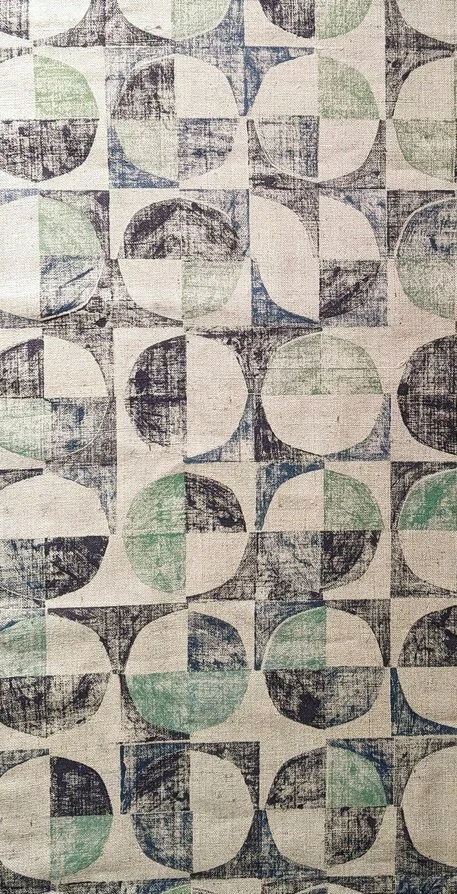 abstract geometric textile print hand block printed in mid-century modern style