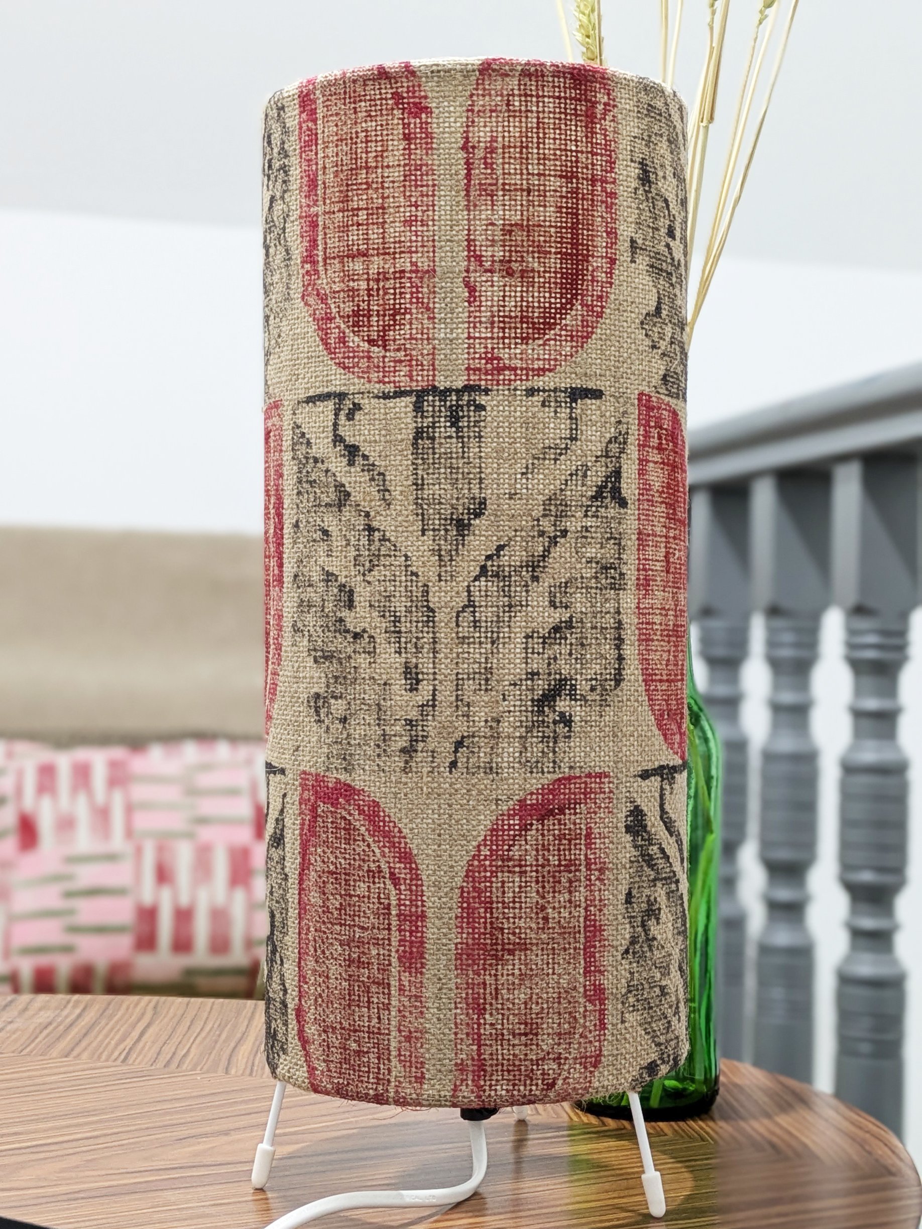 interior scene in cosy corner with rustic jute floor lamp
