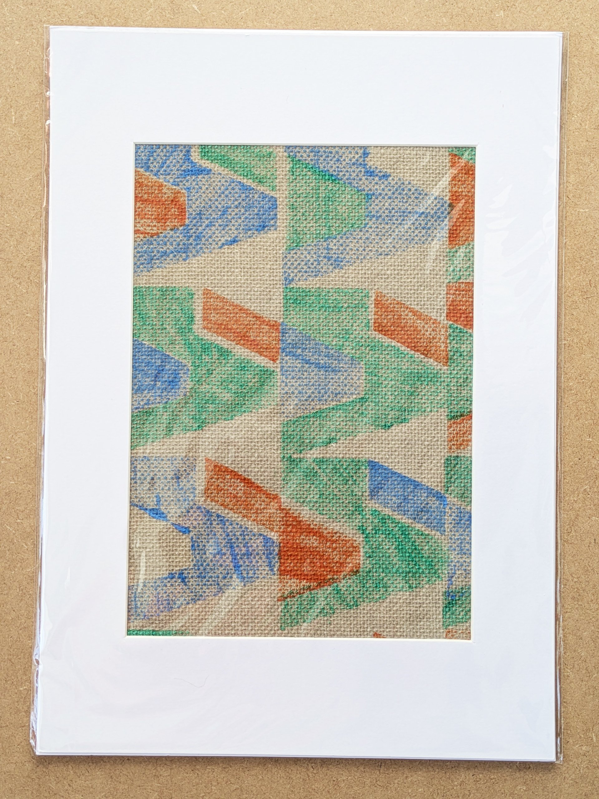 colourful, turquoise modern abstract geometric architectural print on grasscloth, framed in white mountboard in A3 size