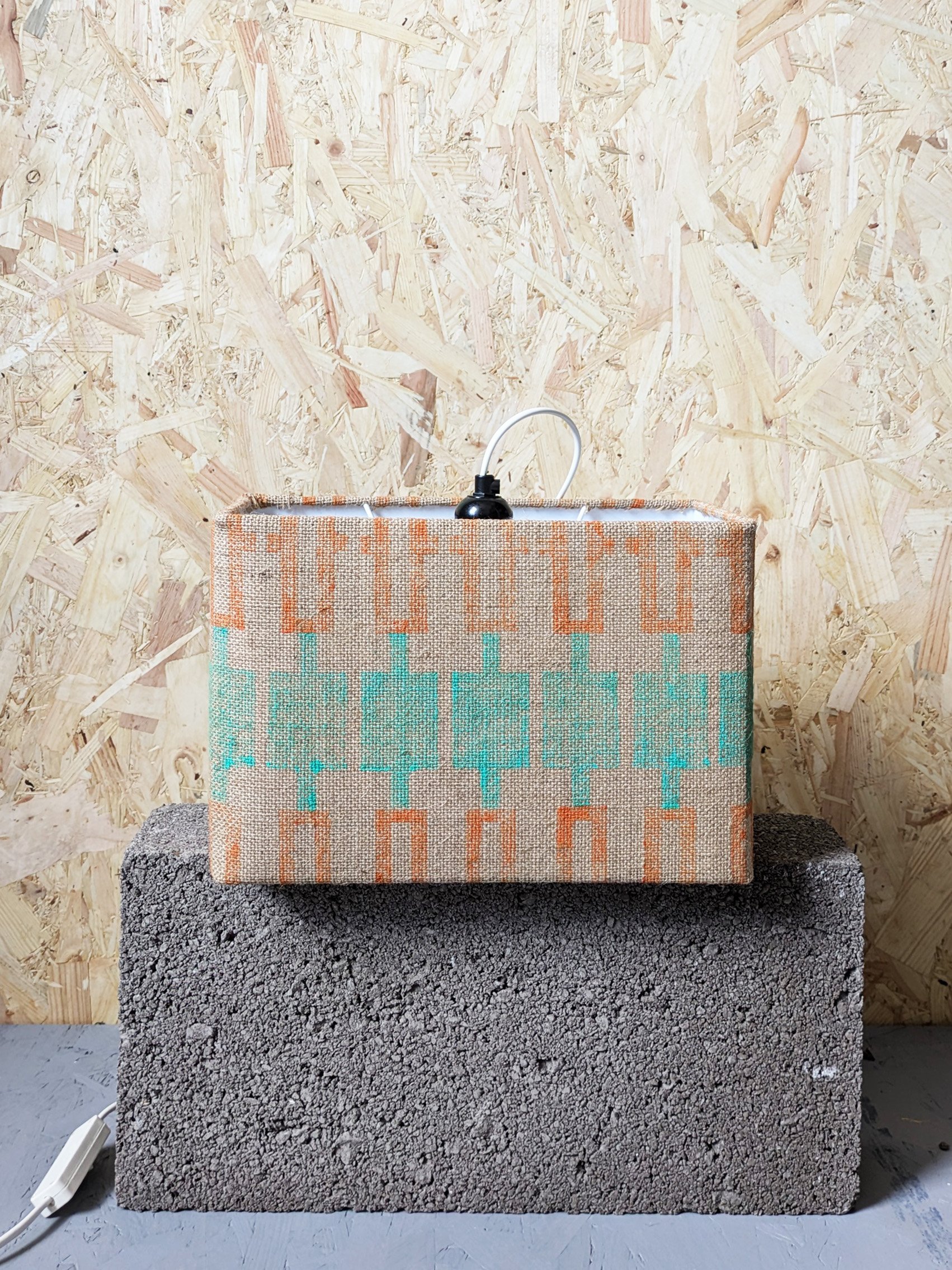 contemporary block printed lampshade in geometric design in mint green and orange colours