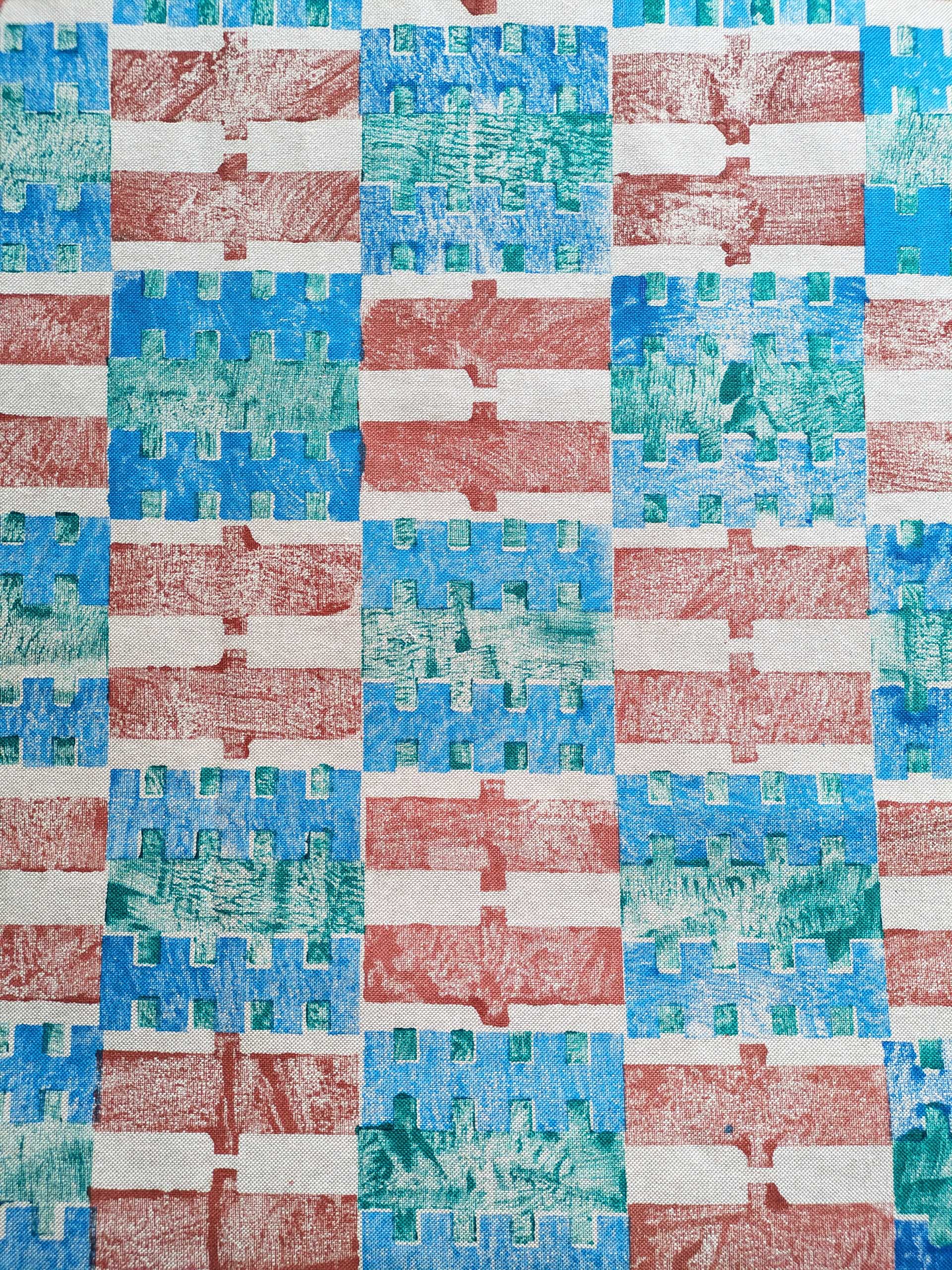 horizontal stripe pattern broken up in chess arrangement, hand block printed with rustic effect and vibrant colours